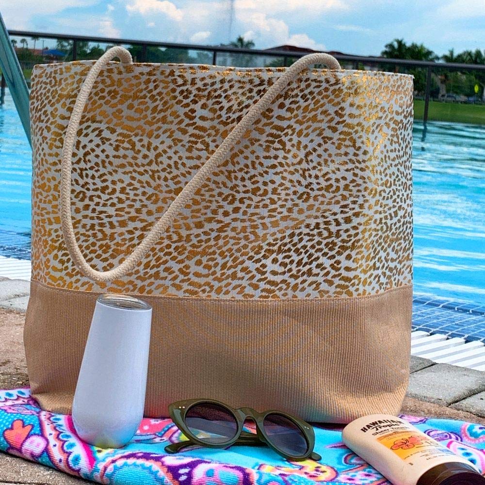 Large Beach Tote Bag with Zipper Closure & Cotton Rope Handles - Perfect for Gym, Travel, Beach Day & Everyday Use