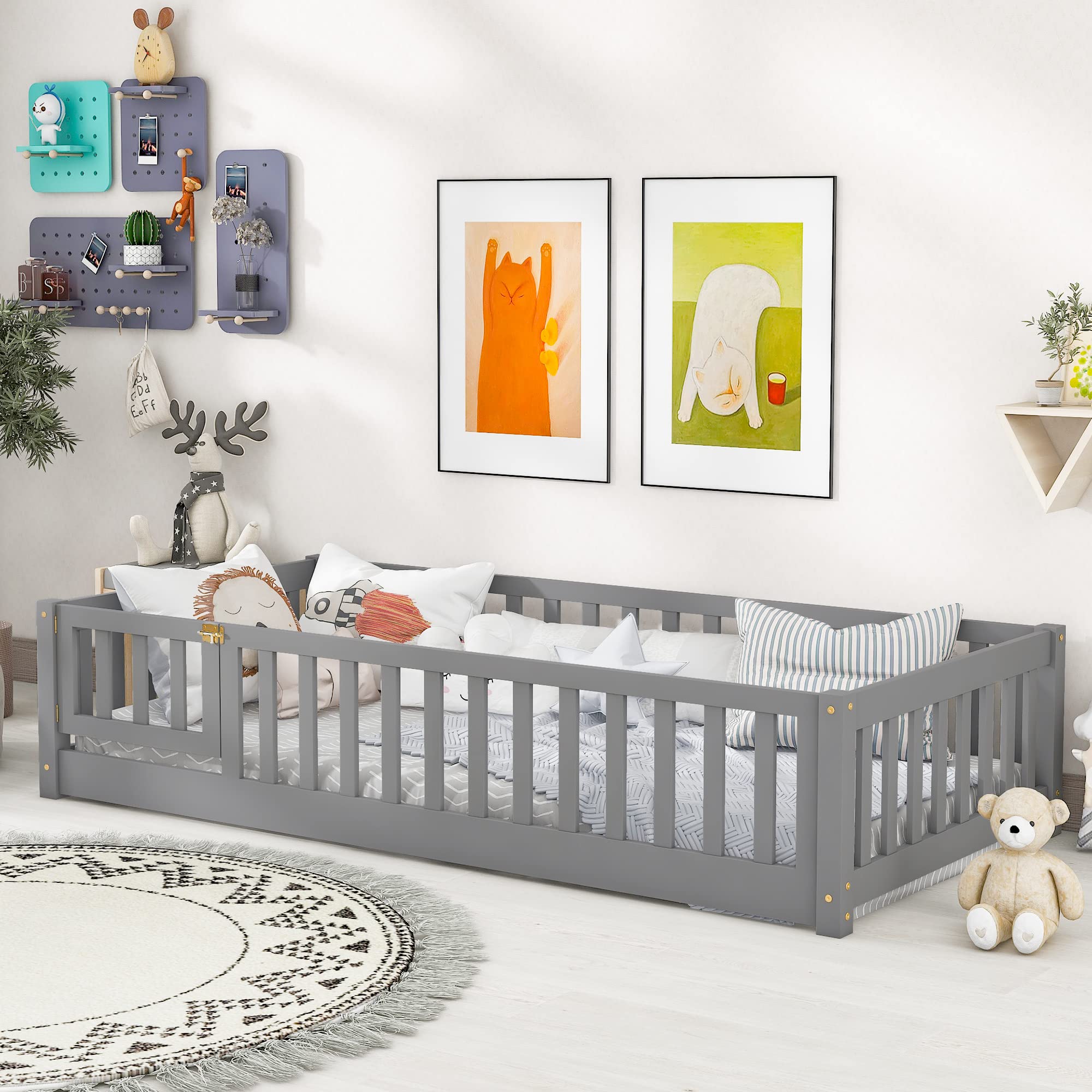 Twin Size Floor Platform Bed with Safety Fence - Wooden Playpen Bed for Kids & Toddlers - No Box Spring Needed - Grey - Perfect for Nursery, Daycare or Kids' Bedroom Safety