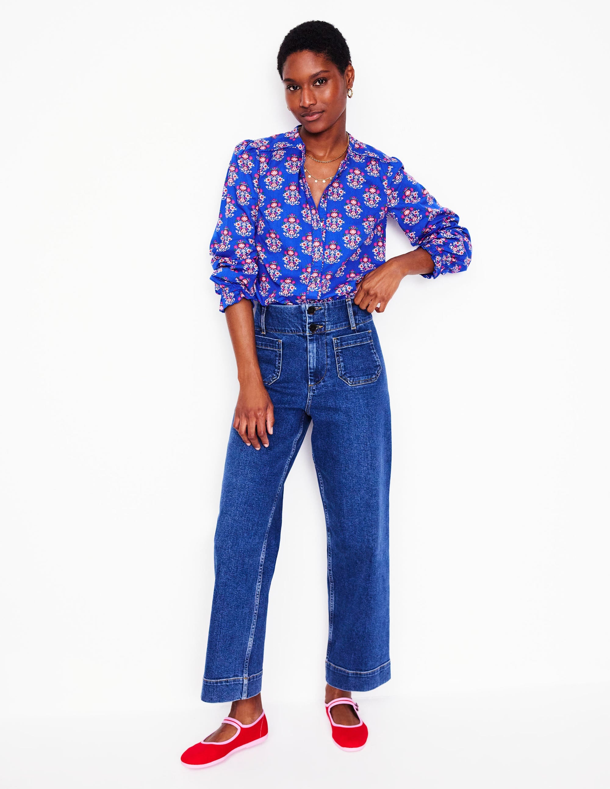 Arabella Cotton Blouse Women's Floral Print Top - Bright Blue Wildflower Embroidery Shirt for Casual Wear & Office Outfits
