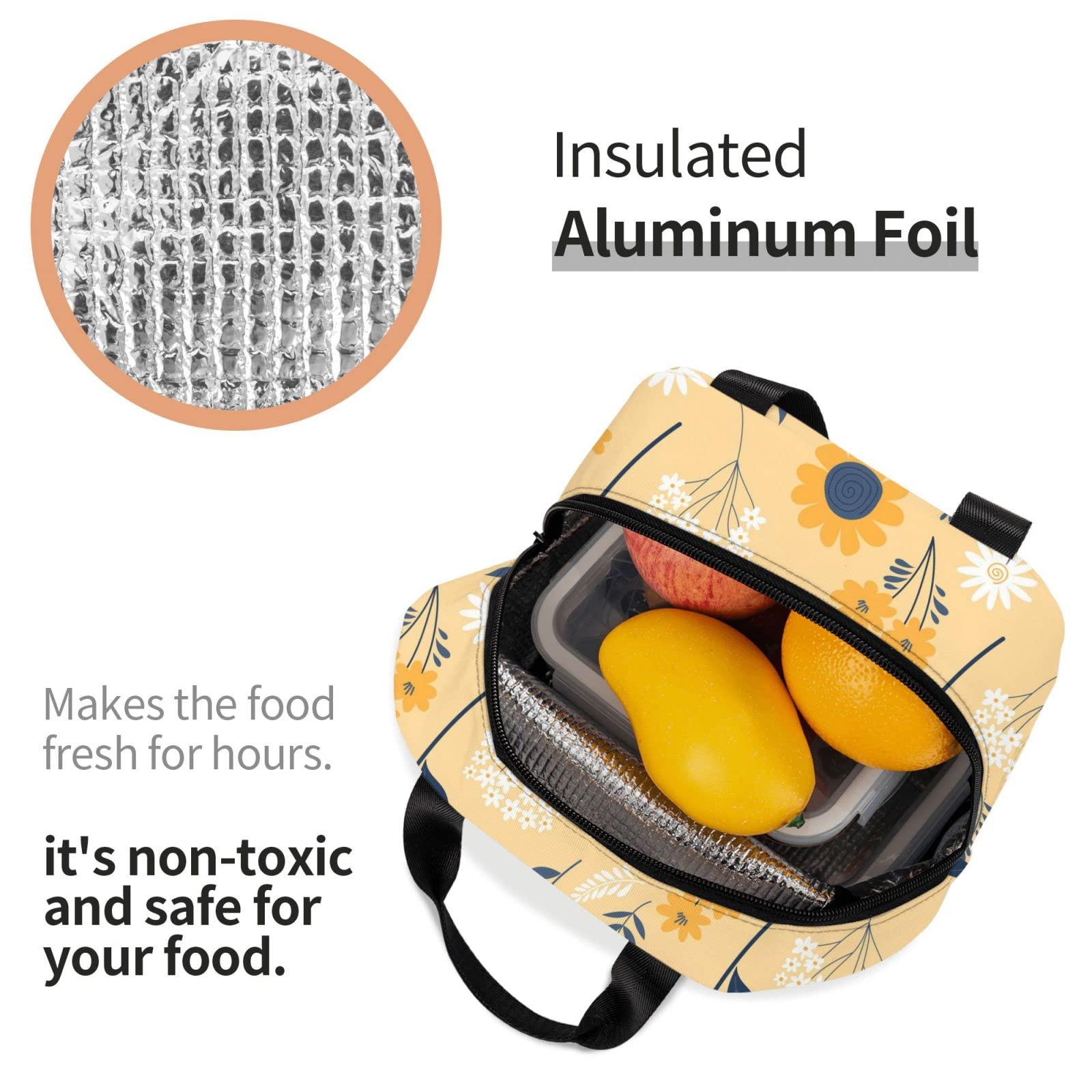 Floral Sunflower Insulated Lunch Bag - Reusable & Leak-Proof Portable Lunch Box for Men & Women - Perfect for Work, School, Travel, Picnic & Outdoor Activities