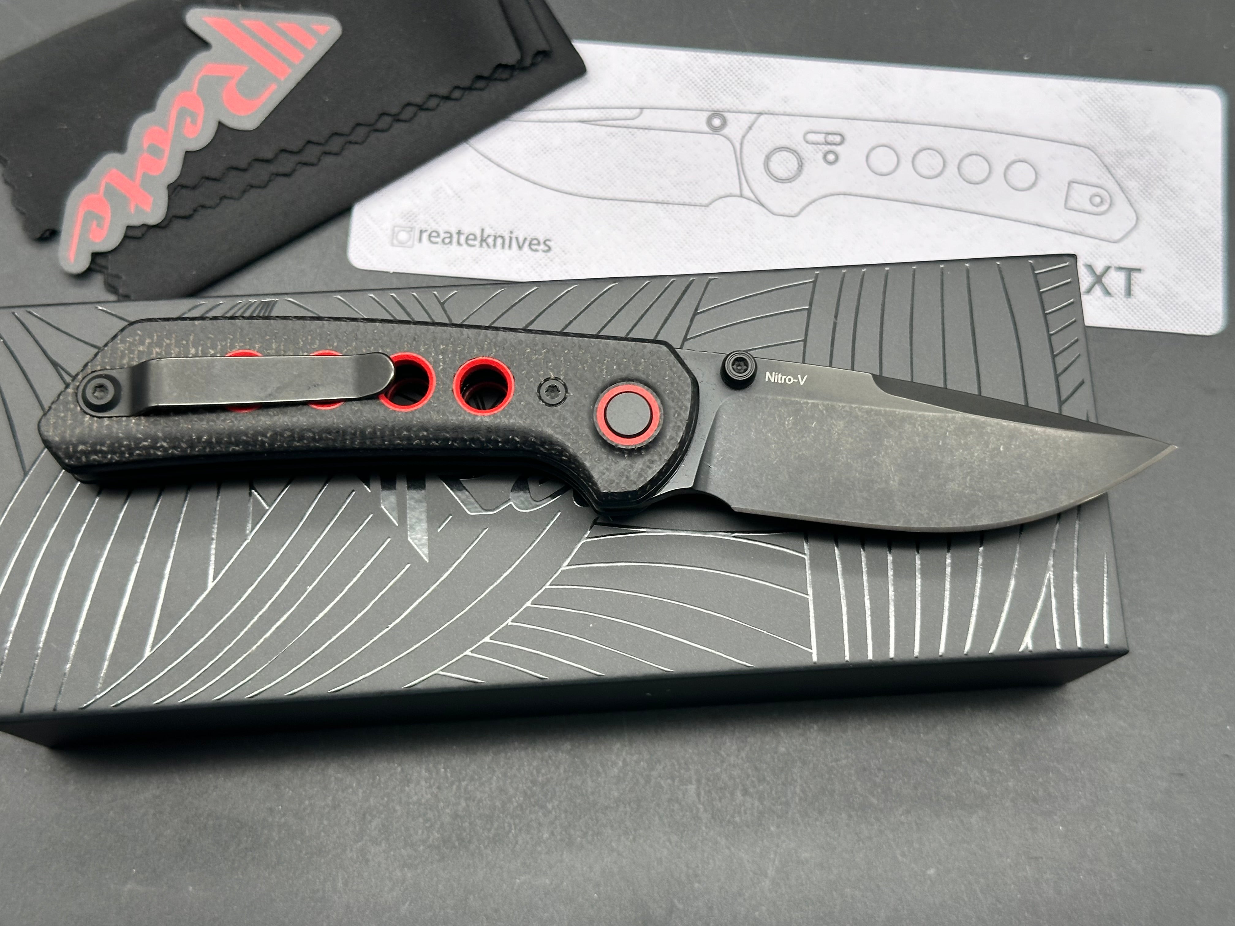 Reate PL XT Folding Knife - Black Micarta Handle with Red Inlay, Black PVD Coated Blade - EDC Pocket Knife for Outdoor Camping, Hiking & Everyday Carry