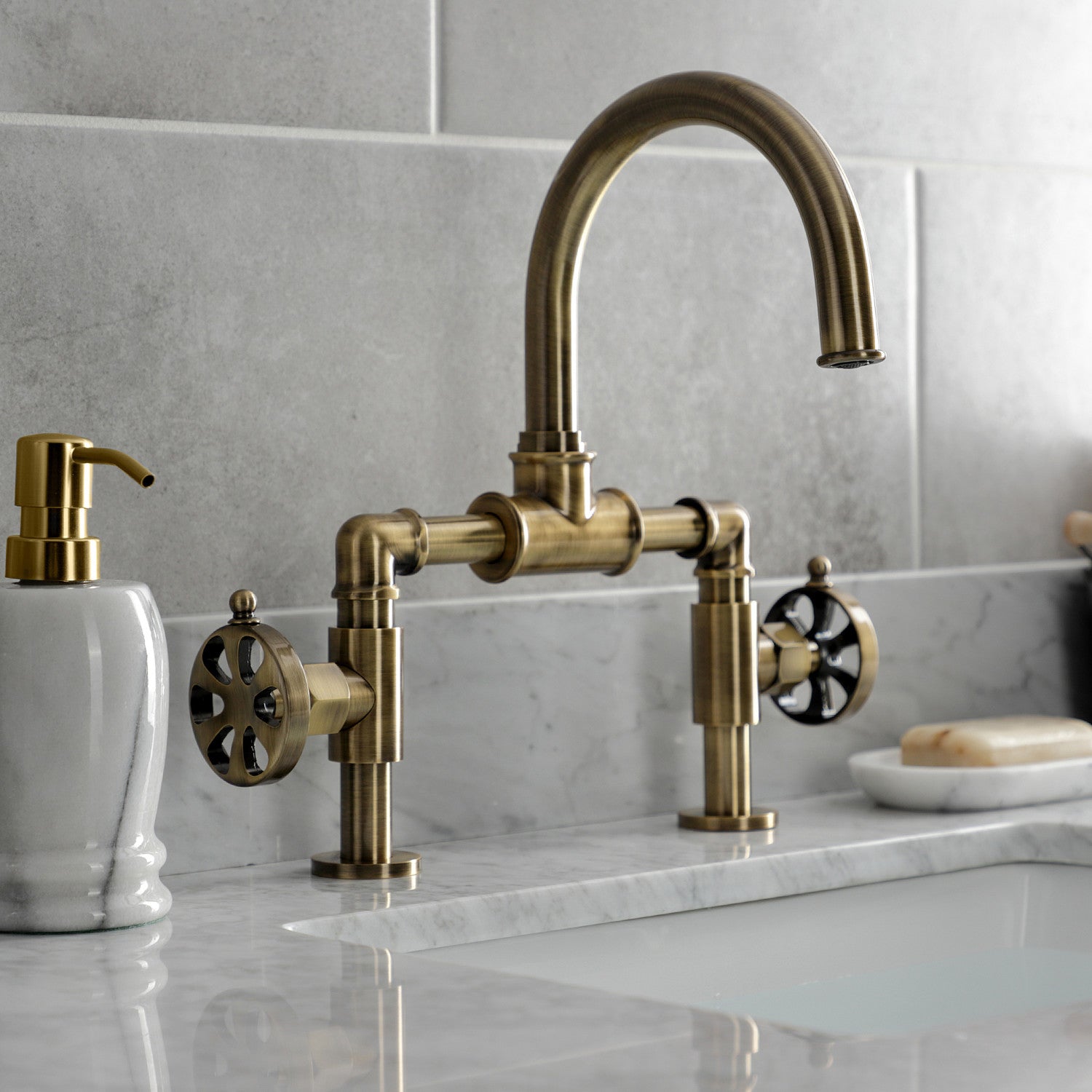 Belknap KS2173RX Two Handle 2 Hole Deck Mount Bridge Bathroom Faucet with Push Pop Up Drain in Antique Brass - Perfect for Vintage Style Bathrooms and Powder Rooms