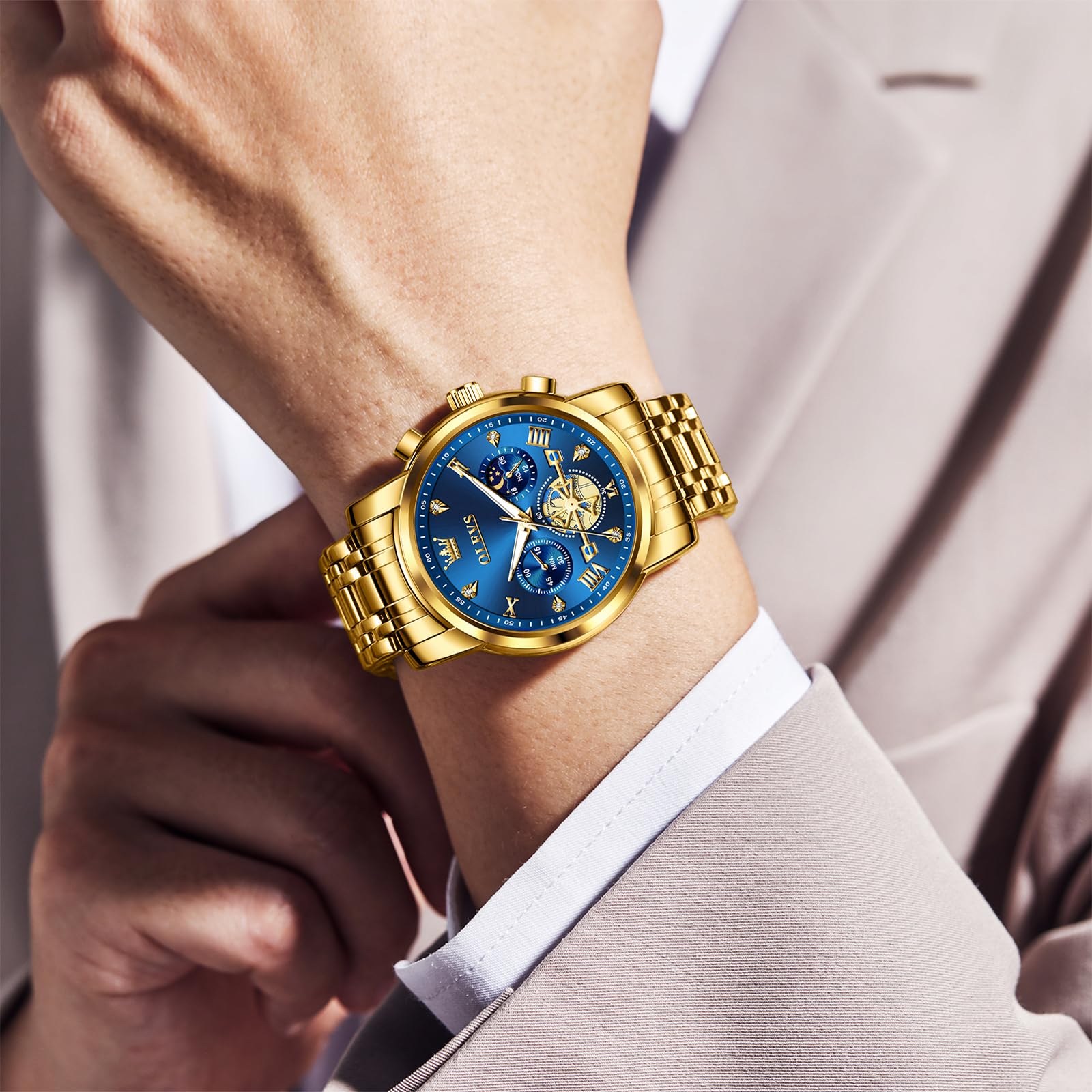 OLEVS Men's Stainless Steel Chronograph Watch - Waterproof Analog Quartz Watch with Diamond Roman Numerals, Gold/Black/White/Blue/Grey Dial - Perfect for Business, Formal Events & Everyday Wear