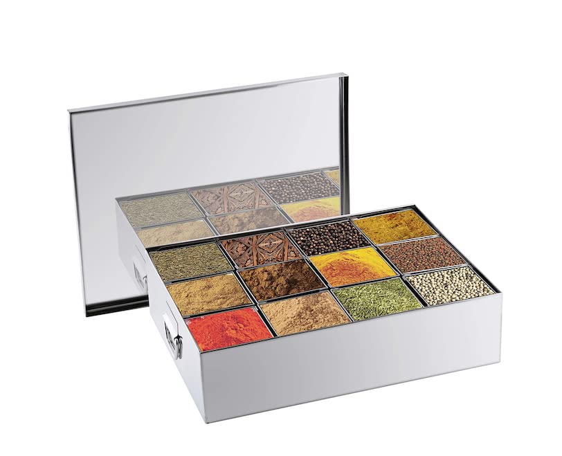 Premium Stainless Steel Masala Dabba Spice Box - 12 Containers, 96 oz Capacity (25x19x6.5 Inches) - Indian Spice Storage Organizer for Kitchen Countertop, Cooking & Meal Prep