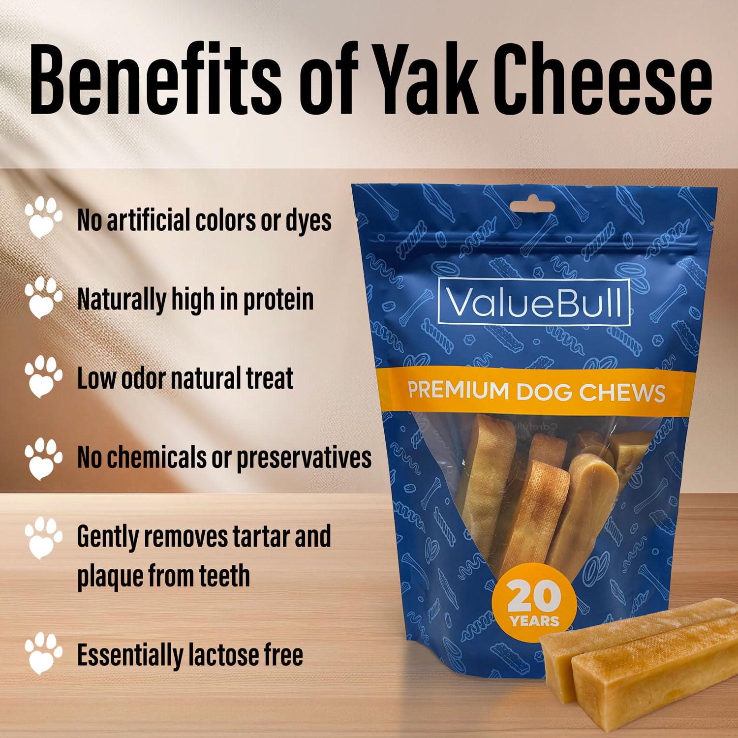 ValueBull Himalayan Yak Cheese Dog Chews - 100 Count Bulk Pack, All Natural & Healthy Long-Lasting Treats for Aggressive Chewers | Low Odor, Safe Yak Milk Chews from Nepal | Perfect for Training Rewards, Dental Health & Anxiety Relief