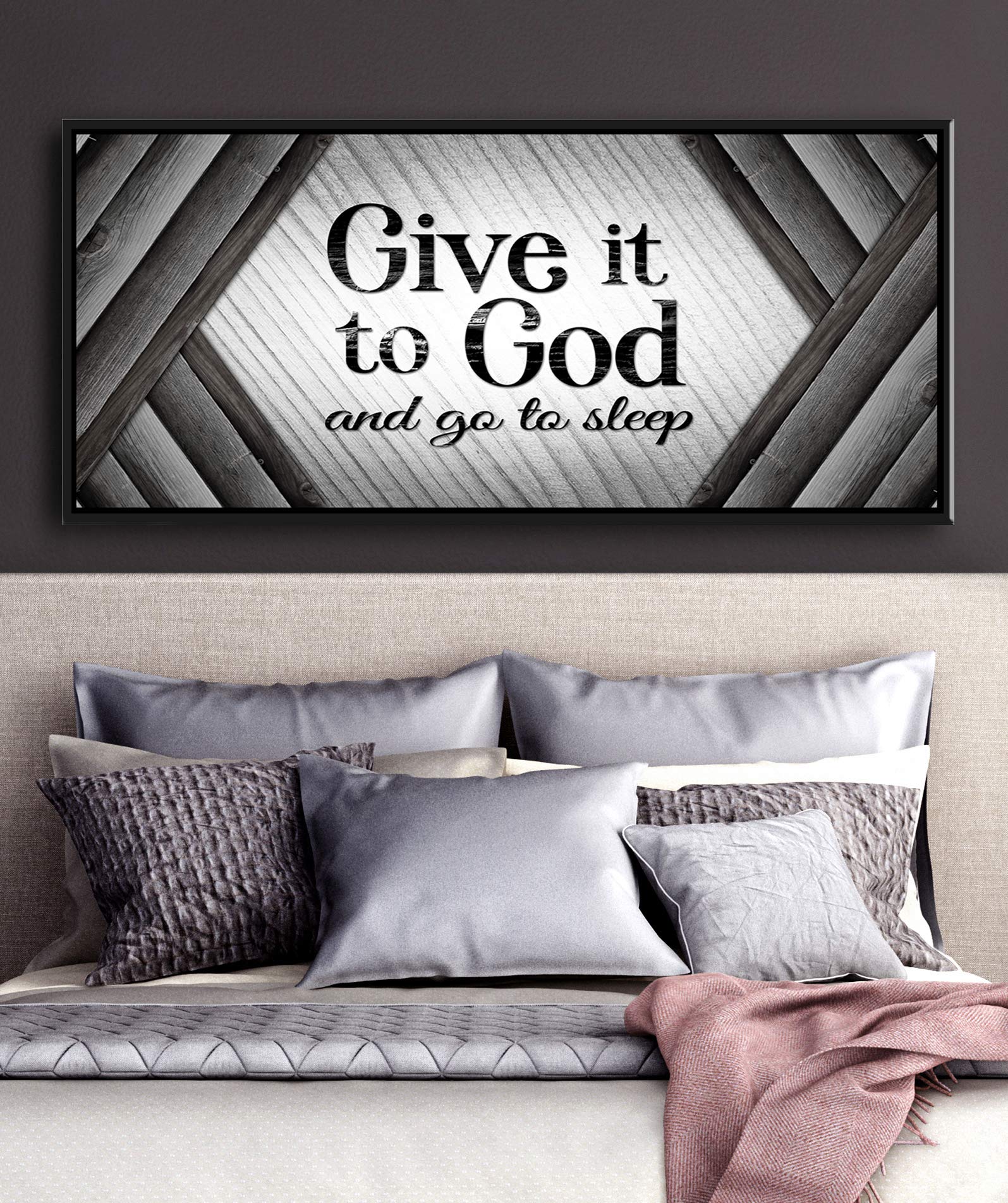 Give It to God and Go to Sleep Christian Wall Art - Large Religious Farmhouse Sign with Grey & Black Floating Frame (42x19) - Perfect for Master Bedroom, Living Room & Prayer Space Decor