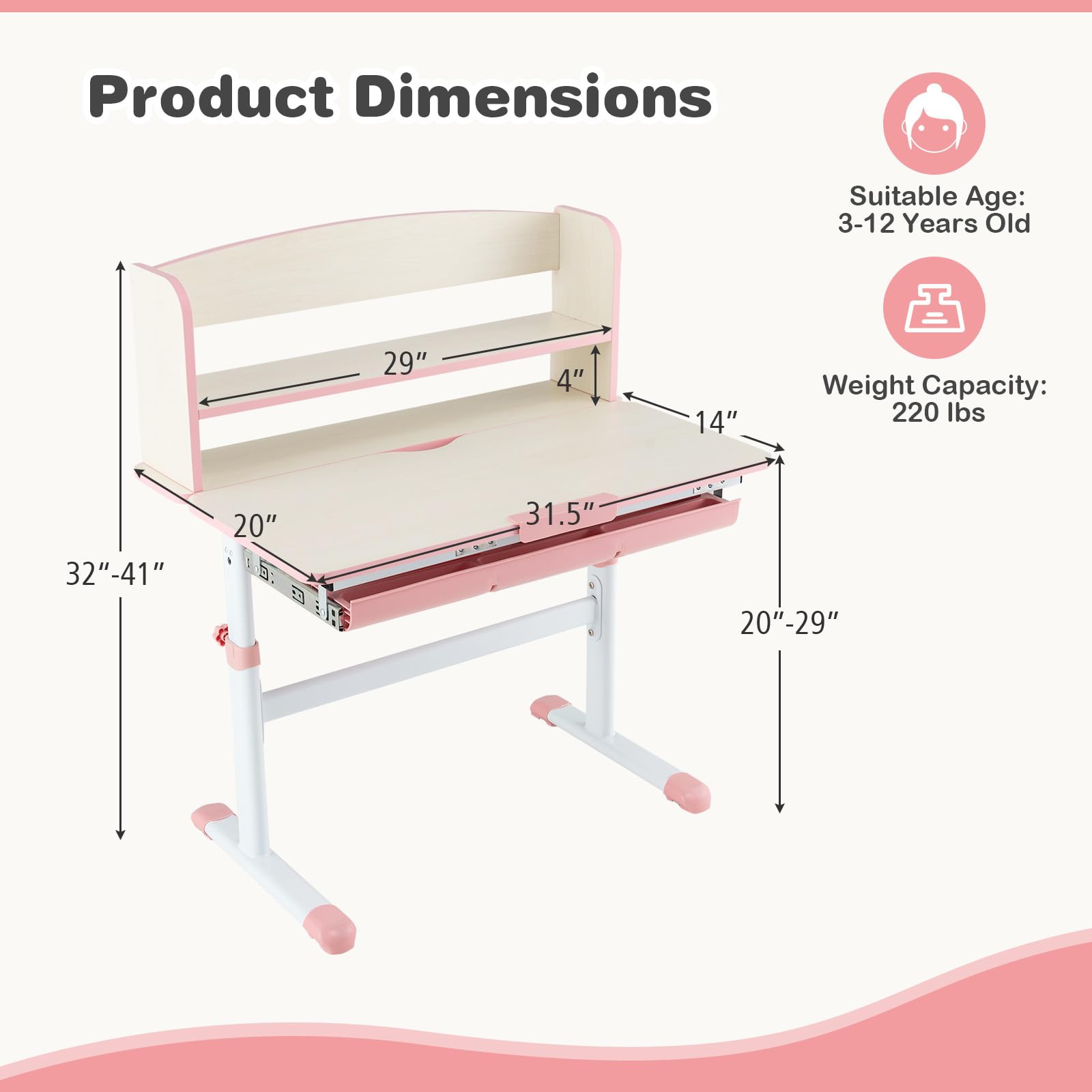Costzon Adjustable Kids Desk with Storage Drawer & Hutch - Ergonomic Study Desk for Children, Tilt Desktop & Scale Ruler - Perfect for Homework, Drawing & Bedroom Organization (Pink)