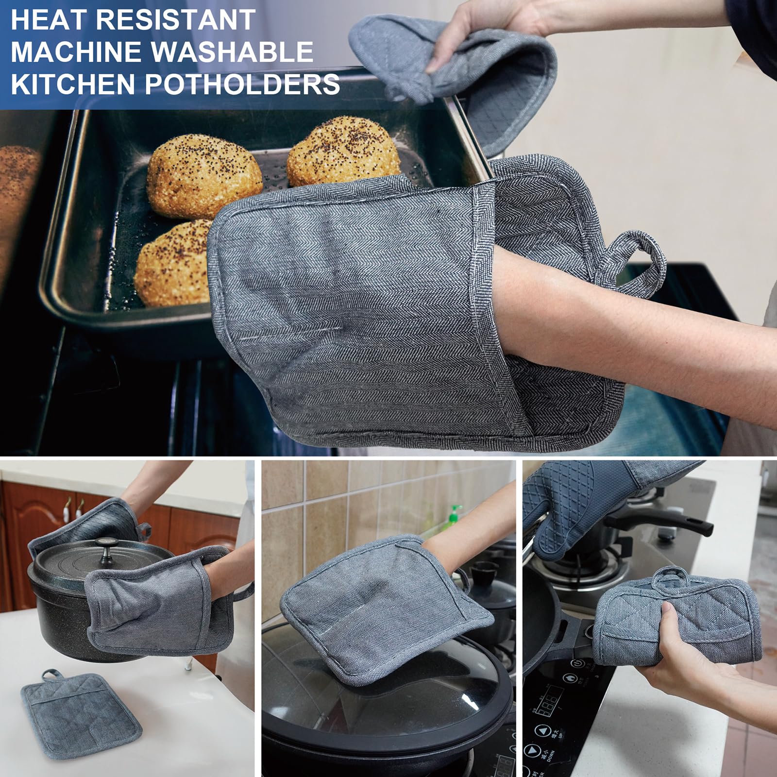 Heat Resistant Silicone Pot Holders Set of 3 - Non-Slip Kitchen Gloves for Cooking, Baking & BBQ (500℉ Safe) - Microwave & Machine Washable - Perfect for Grilling, Baking & Hot Dish Handling (Gray)