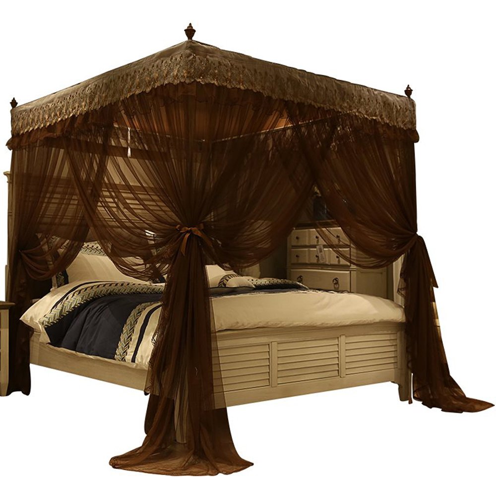 4 Corners Post Canopy Bed Curtain for Girls & Adults - 4 Openings Bed Canopy with Rod Pocket - Twin Size Coffee Color Bedroom Decor for Princess Theme, Boho Style & Romantic Bedroom Makeover