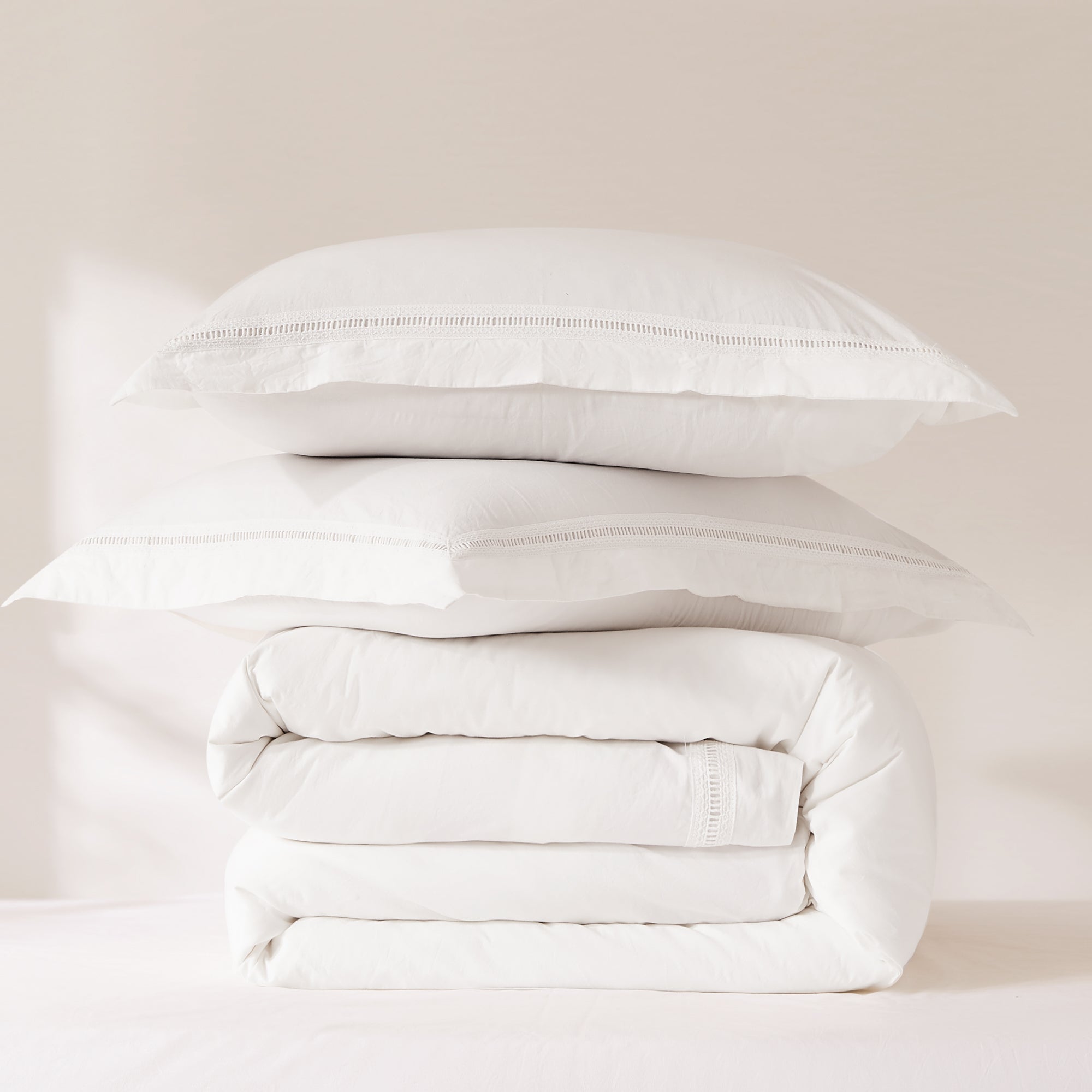 Doris Eyelet Inset Trim Cotton Duvet Cover Set - Queen Size Bedding Set with Pillowcases - Breathable Soft Duvet Cover for Bedroom, Guest Room & Dorm Decor