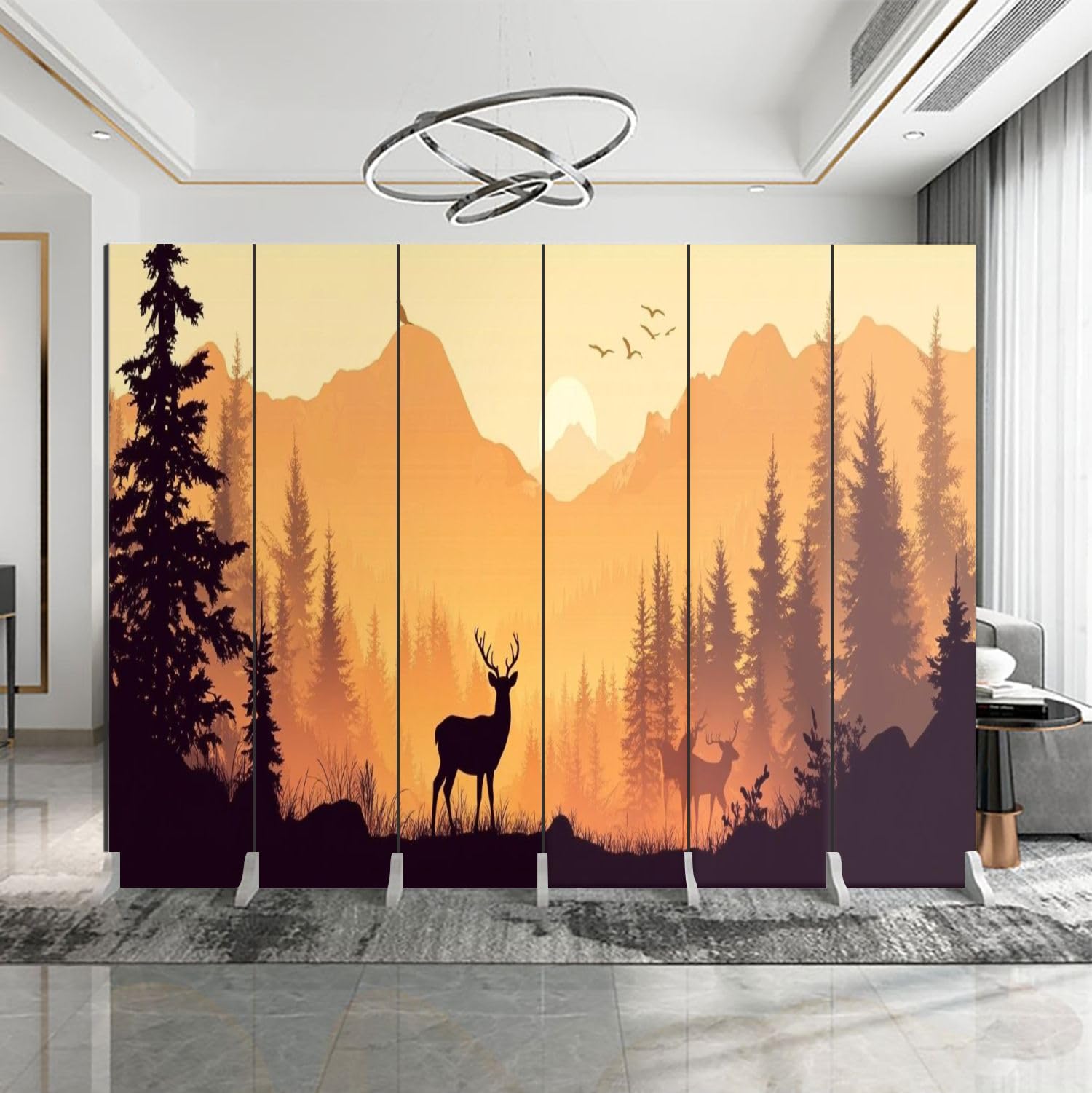 6-Panel Folding Room Divider with Deer Silhouette Design - Freestanding Privacy Screen for Home & Office - Indoor Partition with Forest Mountain Landscape Canvas - Perfect for Living Room, Bedroom, and Workspace Separation