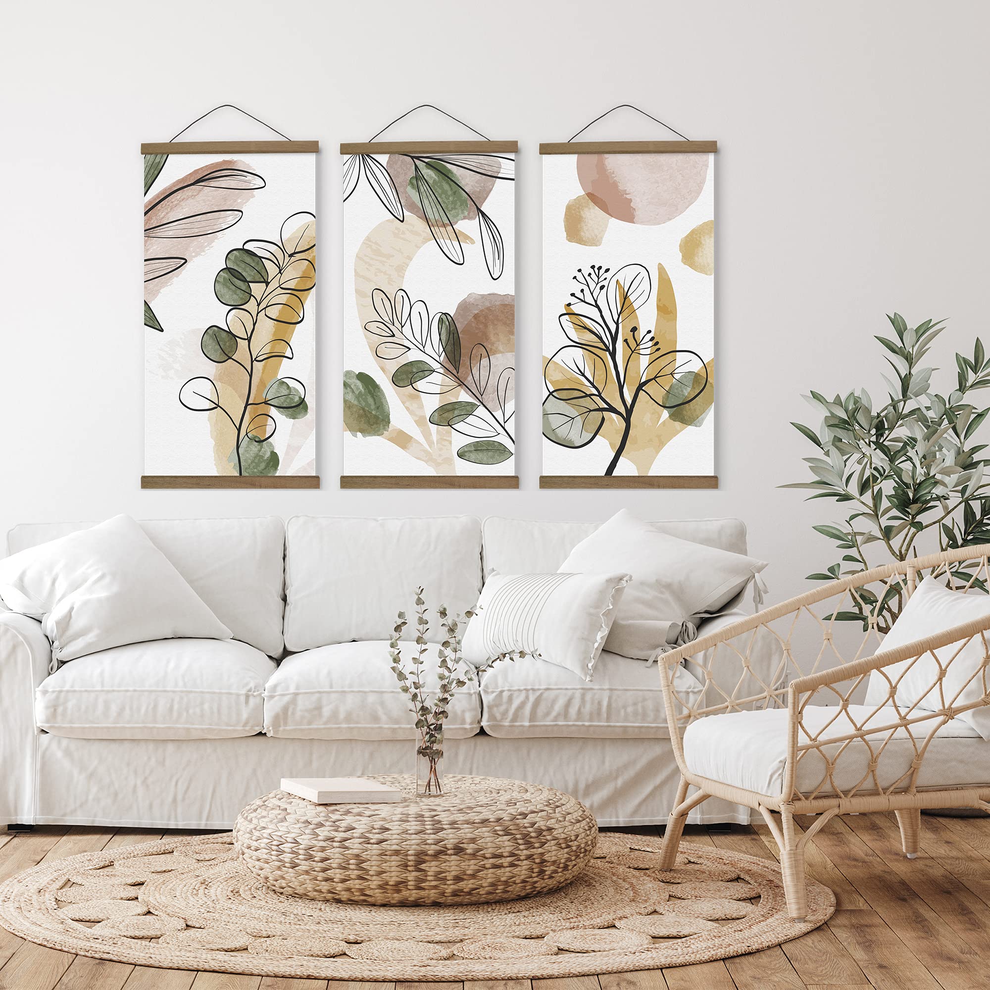 Boho Wall Art Set of 3 - Framed Botanical Prints 18x36, Green Plant Posters for Living Room & Bedroom Decor - Perfect for Above Bed or Boho Home Decor