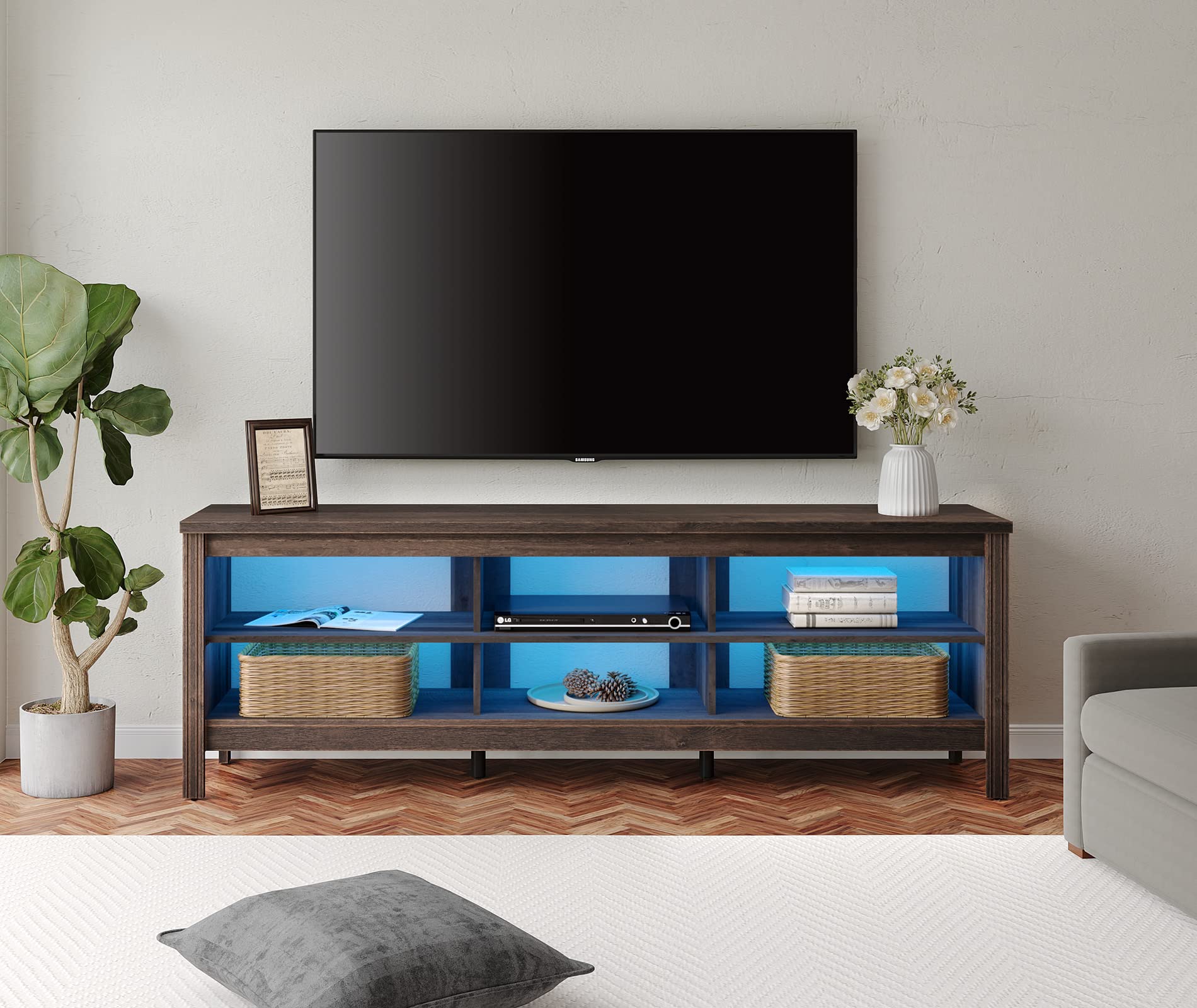 WAMPAT 75 Inch TV Stand with LED Lights - Espresso Entertainment Center Media Console with 6 Storage Shelves for 70-80 Inch TVs - Perfect for PS Gaming Setup in Living Room & Bedroom - Modern TV Cabinet for Home Theater & Family Entertainment