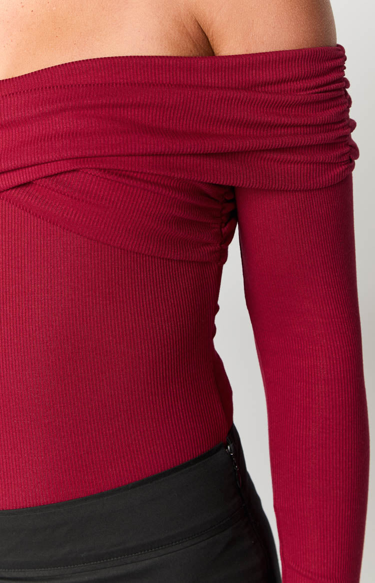 Ari Red Off Shoulder Bodysuit - Sexy Women's Stretchy Long Sleeve Tops for Date Night & Party Outfits