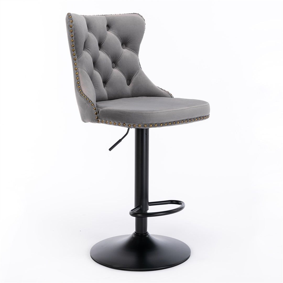 Adjustable Height Swivel Bar Stools with Footrest - Velvet Upholstered & Nailhead Trim - Perfect for Kitchen Islands, Home Bars & Dining Counter Seating