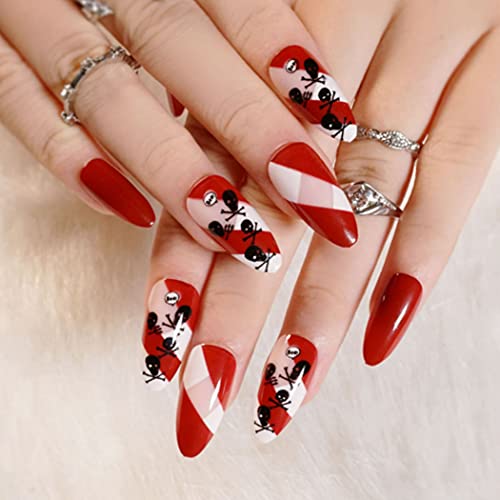 **Aksod Glossy Red Press on Nails - Almond Medium Skeleton Fake Nails for Women & Girls | Halloween, Gothic, Cute Design | 24Pcs (Style H) | Perfect for Parties, Cosplay & Nail Art**