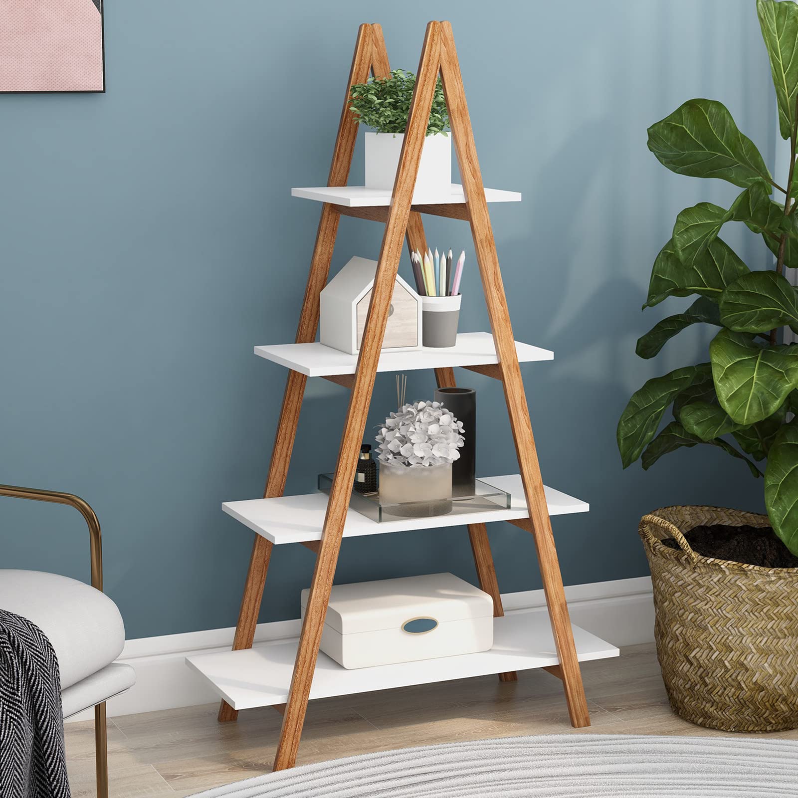 DKLGG 4-Tier Wooden Ladder Bookshelf - A-Shaped Bamboo Frame Bookcase, Freestanding Plant Stand & Open Storage Shelf for Living Room, Bedroom, Home Office - Perfect for Displaying Books, Plants & Decorative Items (White)