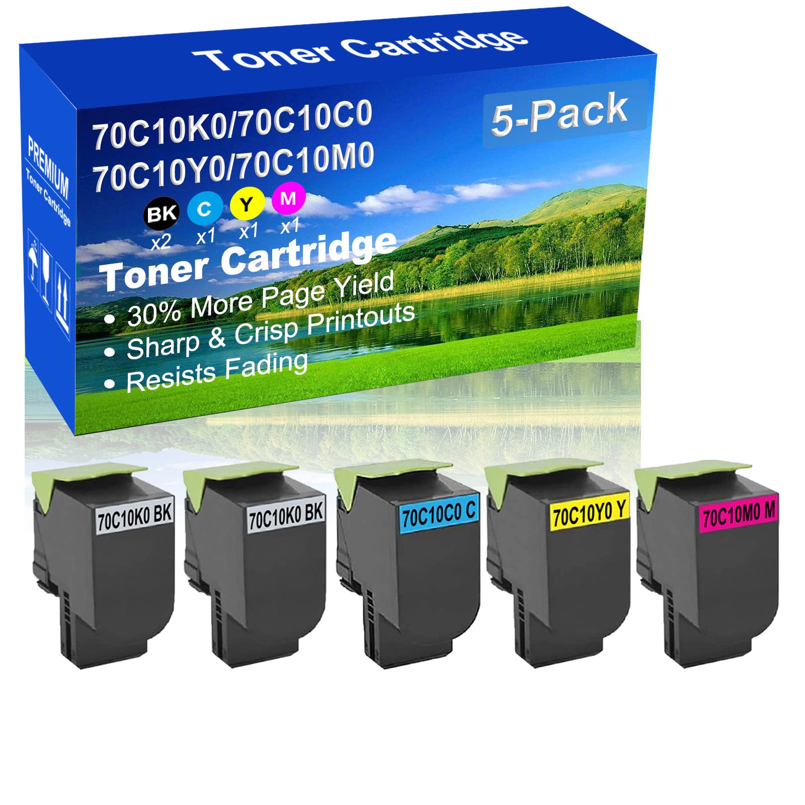 5-Pack (2BK+C+Y+M) High-Yield Compatible Toner Cartridge for HP CS510de & CS510dte Printers - 70C10K0/70C10C0/70C10Y0/70C10M0 Replacement - Ideal for Office & Home Printing Needs