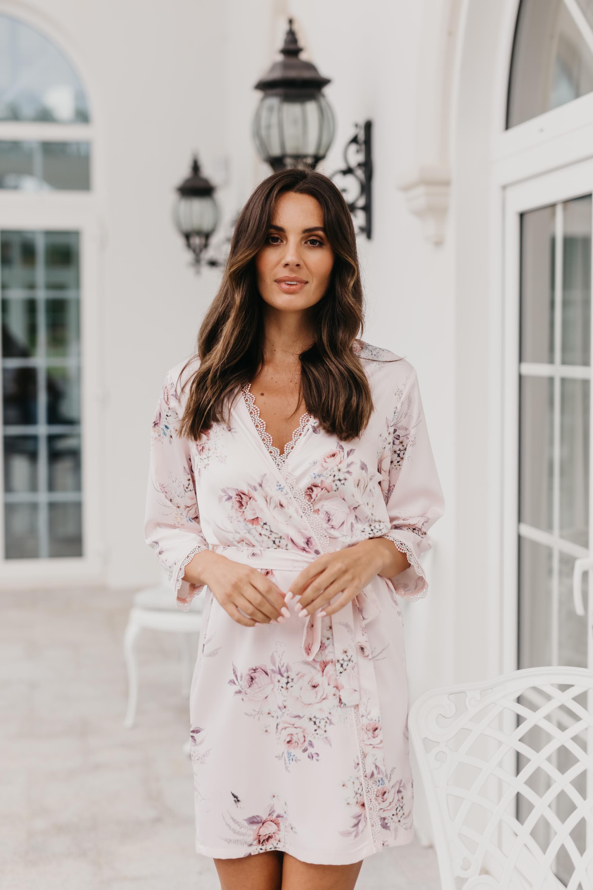 Elegant Rose Mist Floral Lace Trim Satin Robe - Women's Luxury Kimono Bathrobe for Bridal, Spa, Honeymoon & Boudoir Photography
