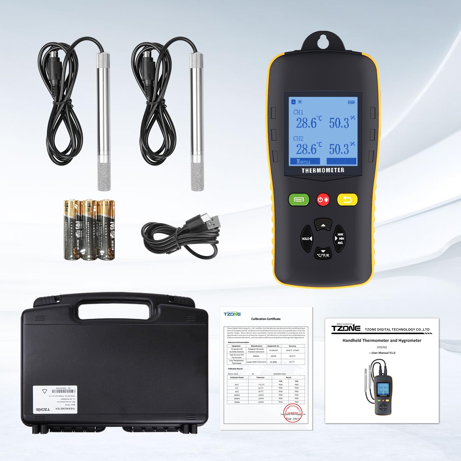 Dual Channel Temperature and Humidity Data Logger with USB Probe - Industrial Handheld Thermometer Hygrometer with Auto Report & Sound Alarm for Greenhouse, Freezer, Warehouse, and Lab Monitoring