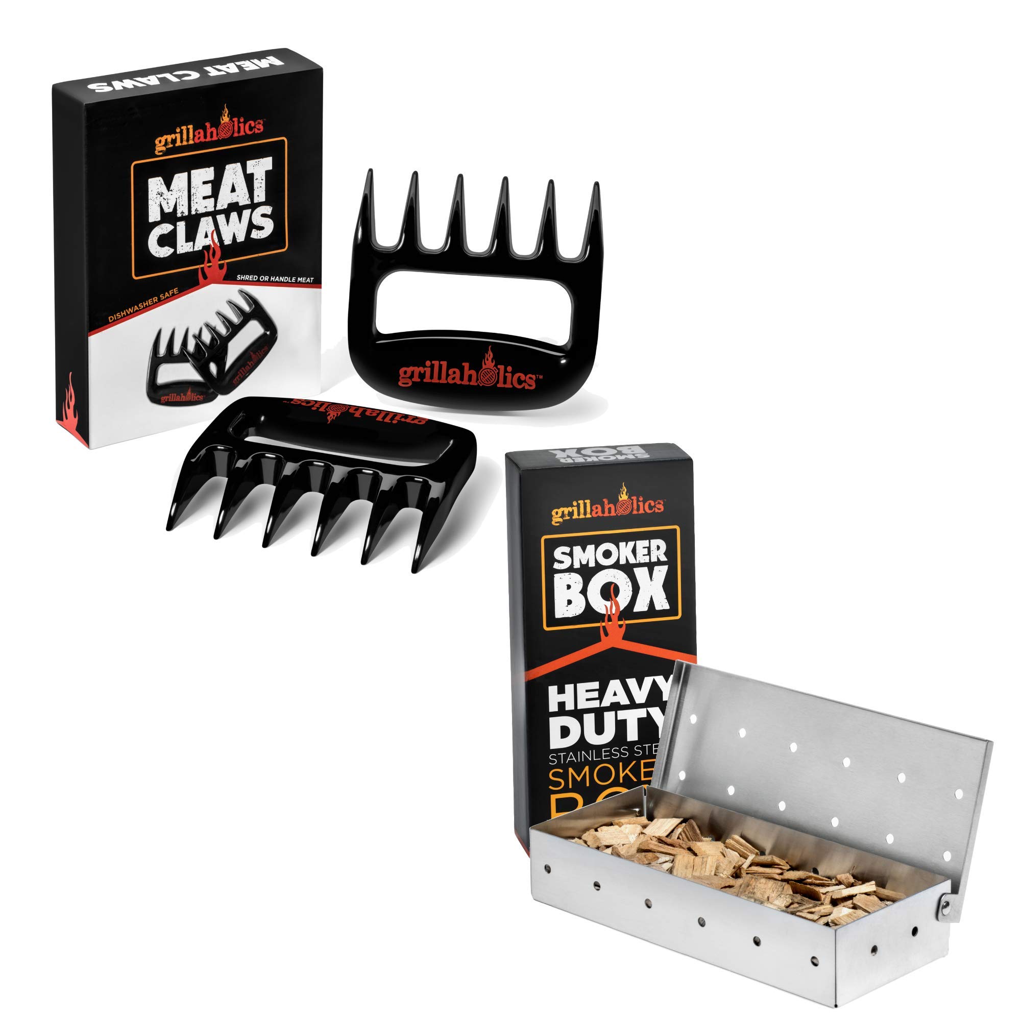 Grillaholics Meat Shredding Claws & Smoker Box Set for Pulled Pork - BBQ Grill Accessories for Smoking, Grilling & Shredding Meat (Perfect for Backyard BBQs, Tailgating & Outdoor Cooking)