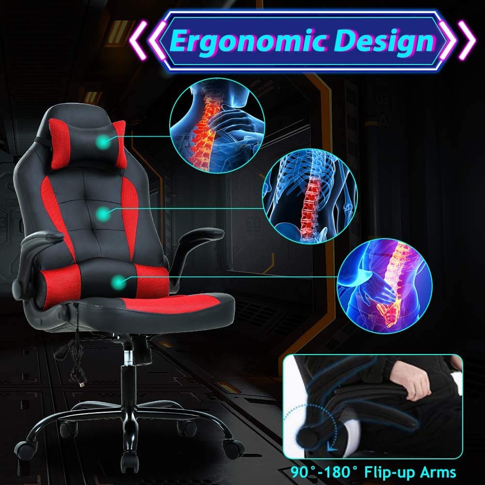 Ergonomic Gaming Chair with Massage - High Back PU Leather Racing Office Chair, Adjustable Swivel Computer Desk Chair for Gamers & Professionals - Red (Perfect for Esports, Streaming & Home Office Workspace)