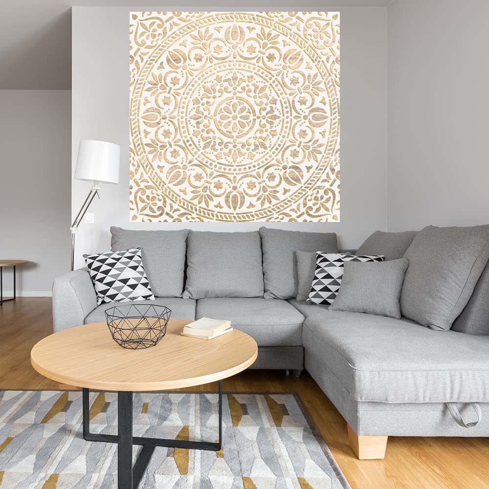 Fine Art Canvas Wall Decor - Ornamental White Gold Abstract Painting by Artist Belle Maison - 22x22 Inch Ready to Hang Canvas Art for Living Room, Bedroom, Office - Perfect for Modern Home & Office Decor