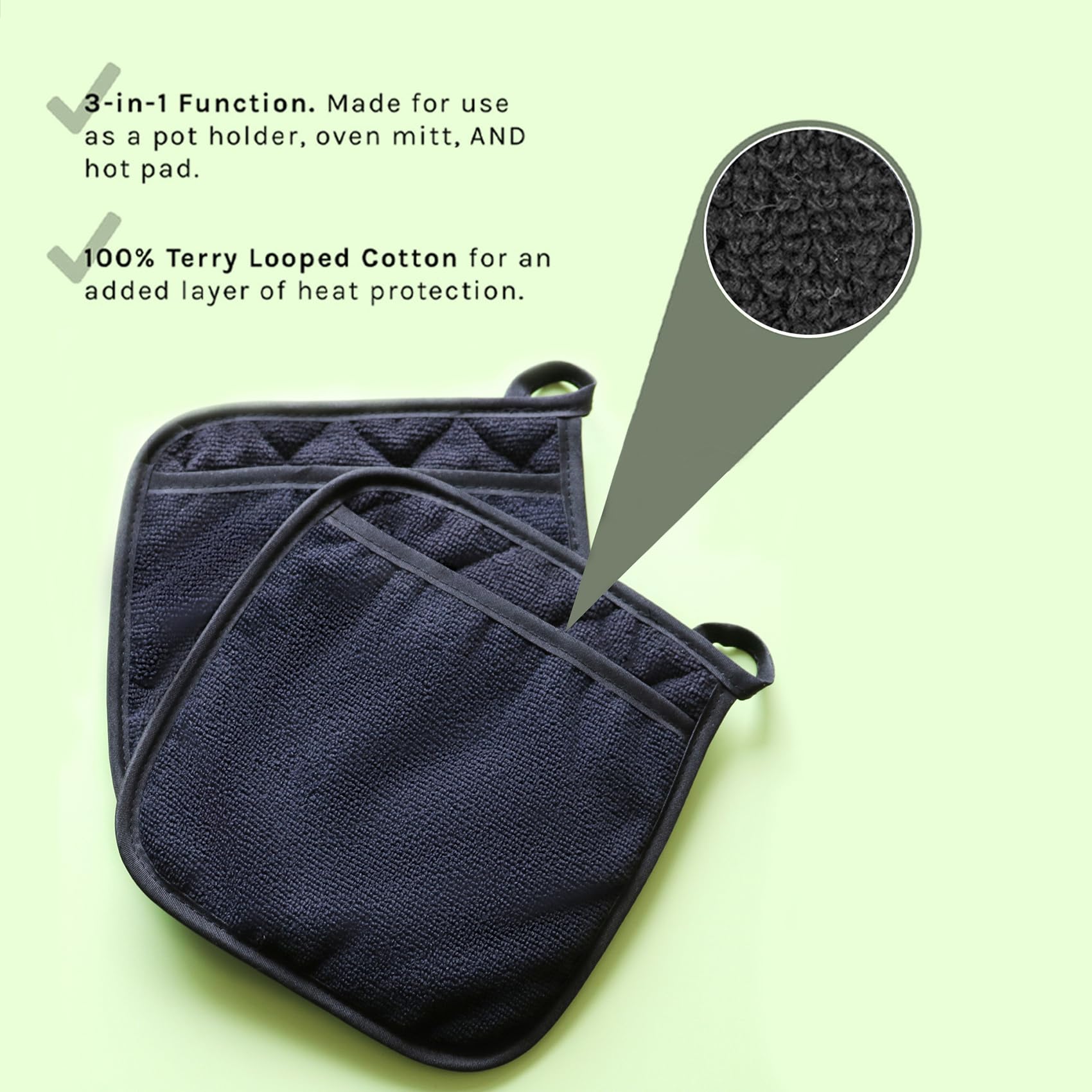 Premium 2-Pack Heat Resistant Cotton Terry Pot Holders for Kitchen - Oven Mitts & Hot Pads Set for Cooking, Baking, Grilling - Ideal for Stovetop, Oven & BBQ Use (Black)