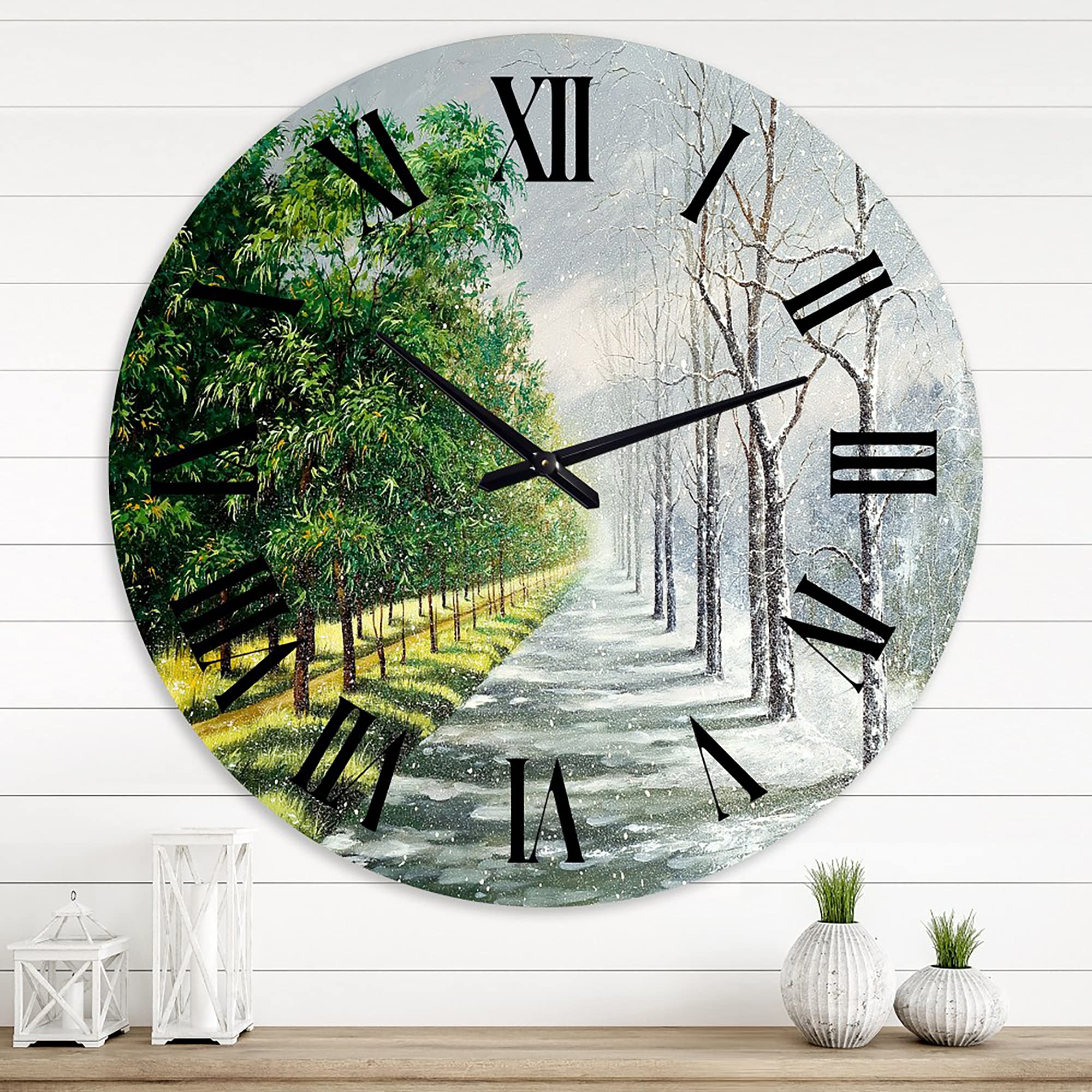 DesignQ Large Country Wall Clock - Winter & Summer Landscape Decor for Living Room, Bedroom, Office | Silent Non-Ticking Rustic Home Décor