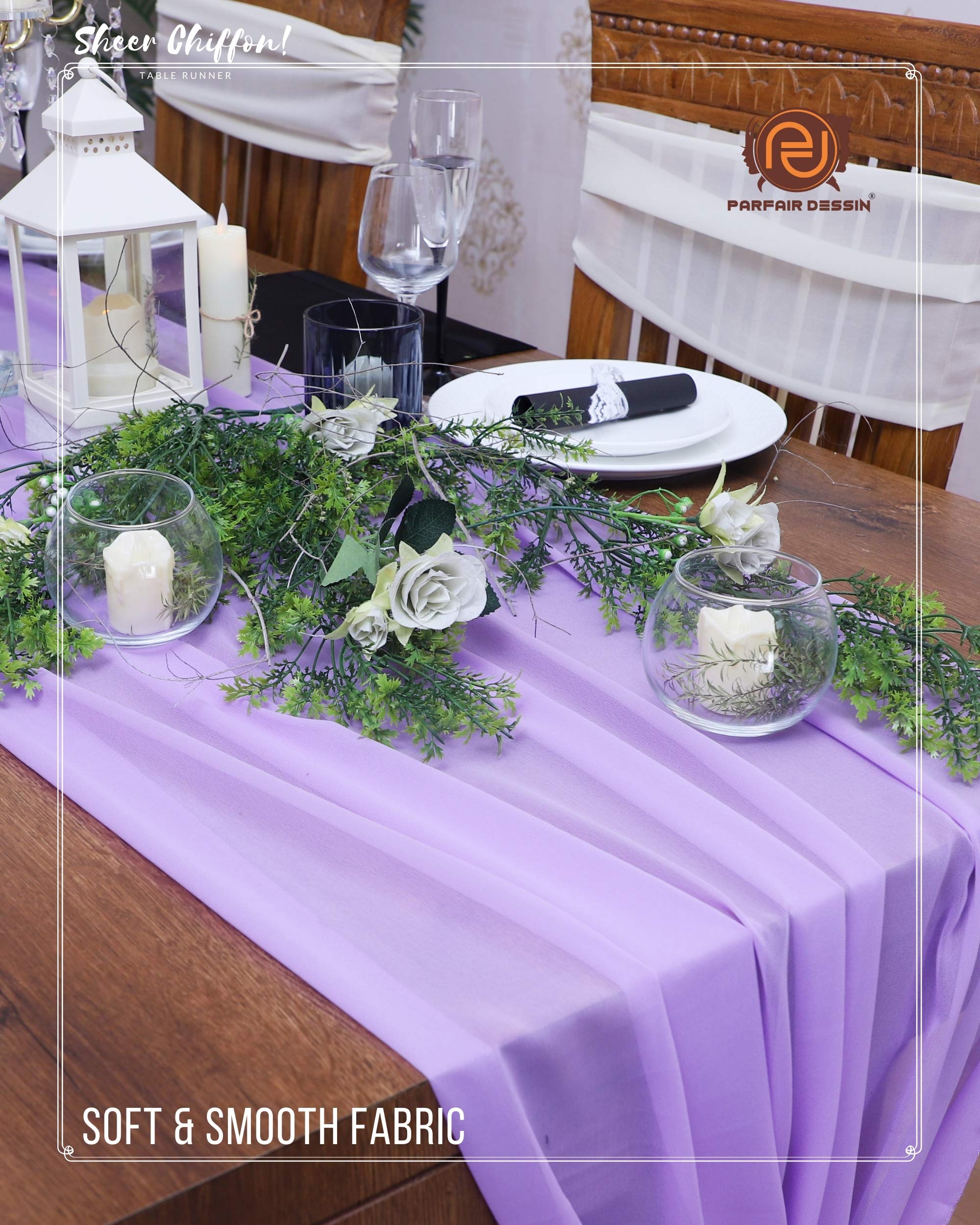 Parfair 10ft Lavender Chiffon Wedding Table Runner - Boho Bridal Shower Decorations, Elegant Party Table Decor for Weddings, Baby Showers & Romantic Dinners