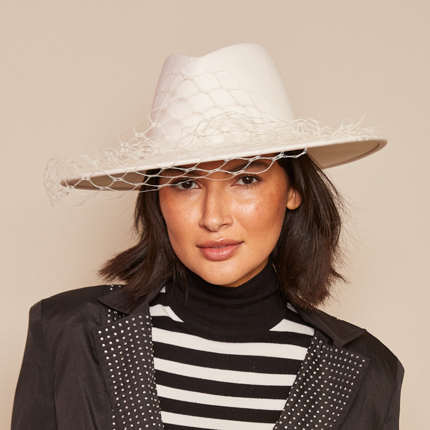 Stylish Harlowe Asymmetric Veil Fedora Hat for Women - Trendy Wide Brim Sun Hat for Outdoor, Beach, and Fashion Occasions