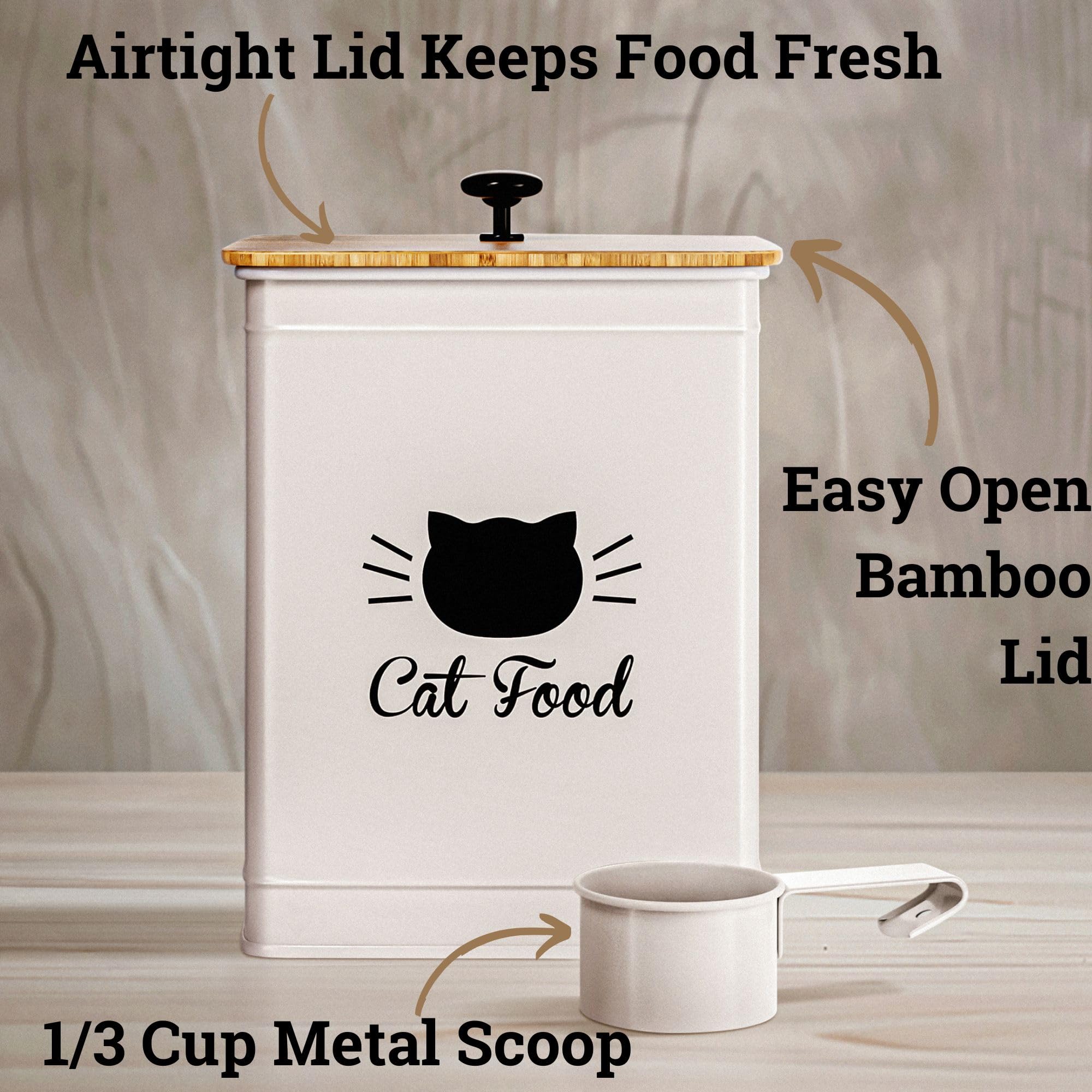 5-10 lb (25 Cup) Airtight Cat Food Storage Container with Metal Scoop & Bamboo Lid - Pet Food Dispenser for Dry Kibble - Perfect for Kitchen Pantry, Pet Travel & Fresh Food Preservation