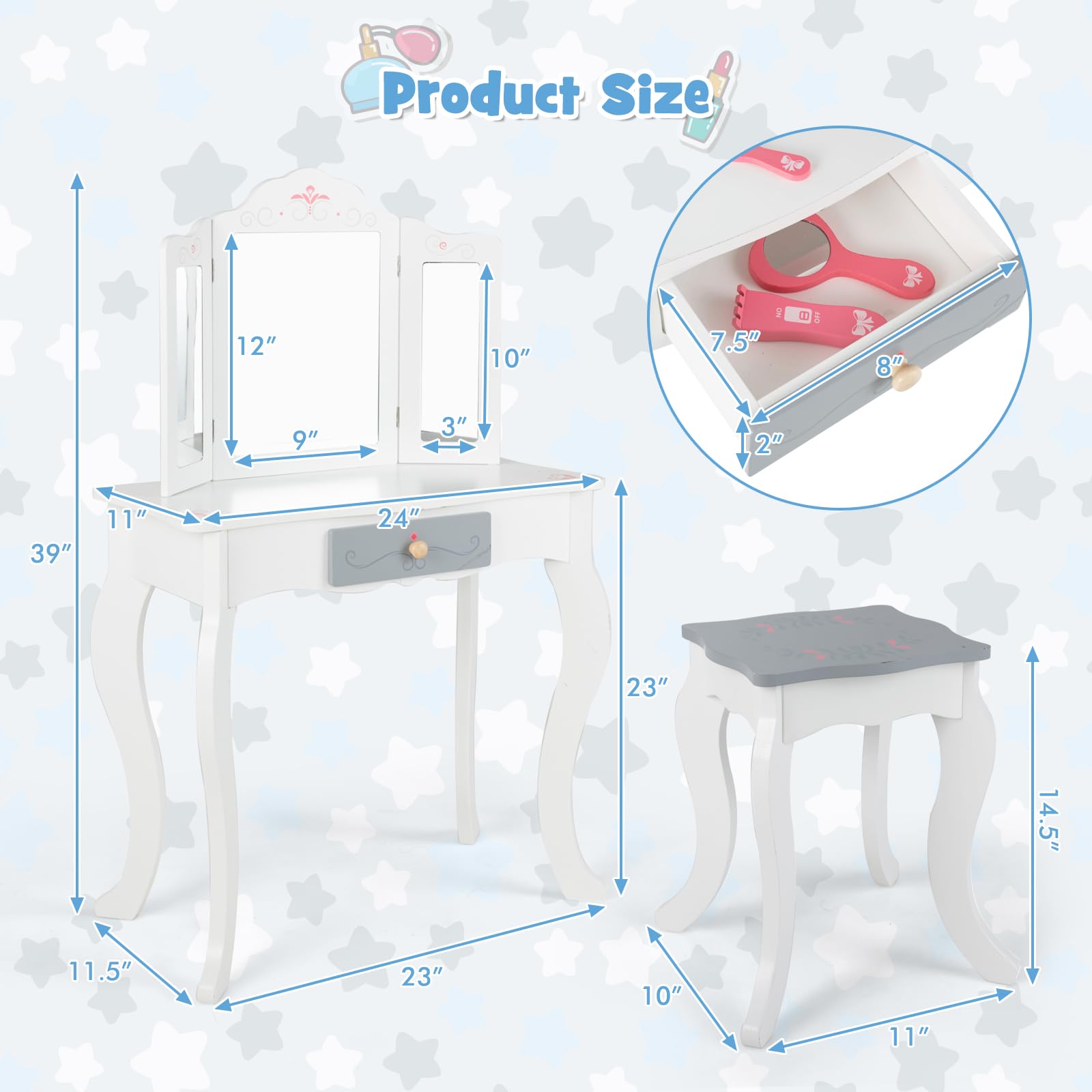 INFANS Kids Vanity Set - 2 in 1 Princess Makeup Table & Chair with Tri-Folding Mirror, 10 Accessories, Wooden Dressing Table for Toddler Girls | Pretend Play, Birthday Gift, Room Decor (White) - Perfect for Dress-Up Games, Role Play & Imaginative Play in Bedroom or Playroom