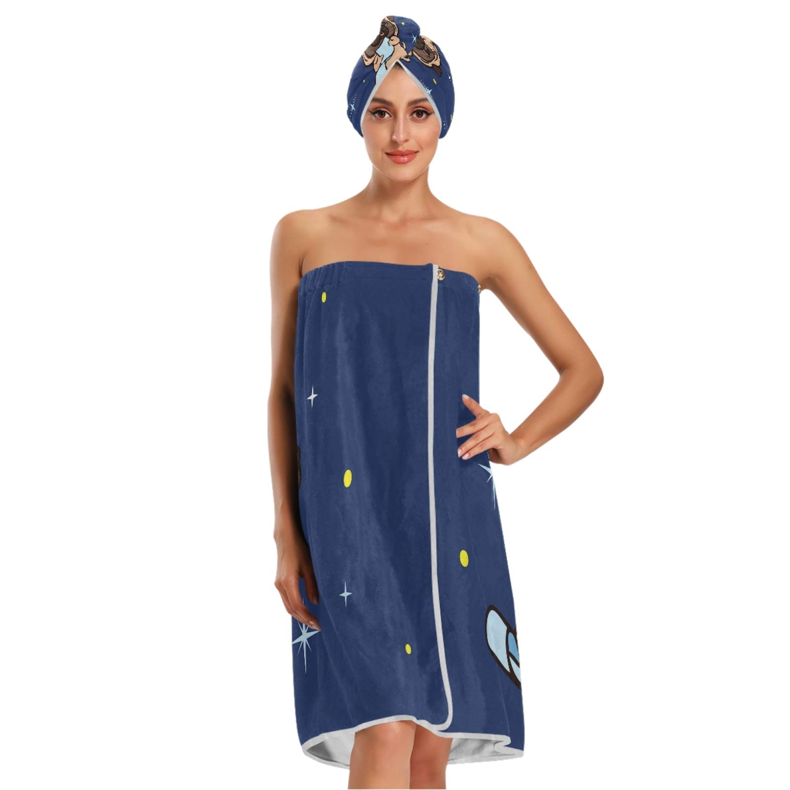 Pug Puppy Dog Starry Night Print Women's Spa Bathrobe Set - 3-Piece Absorbent Towel Robe with Adjustable Closure, Headband & Hair Wrap for Bath, Shower & Relaxation at Home