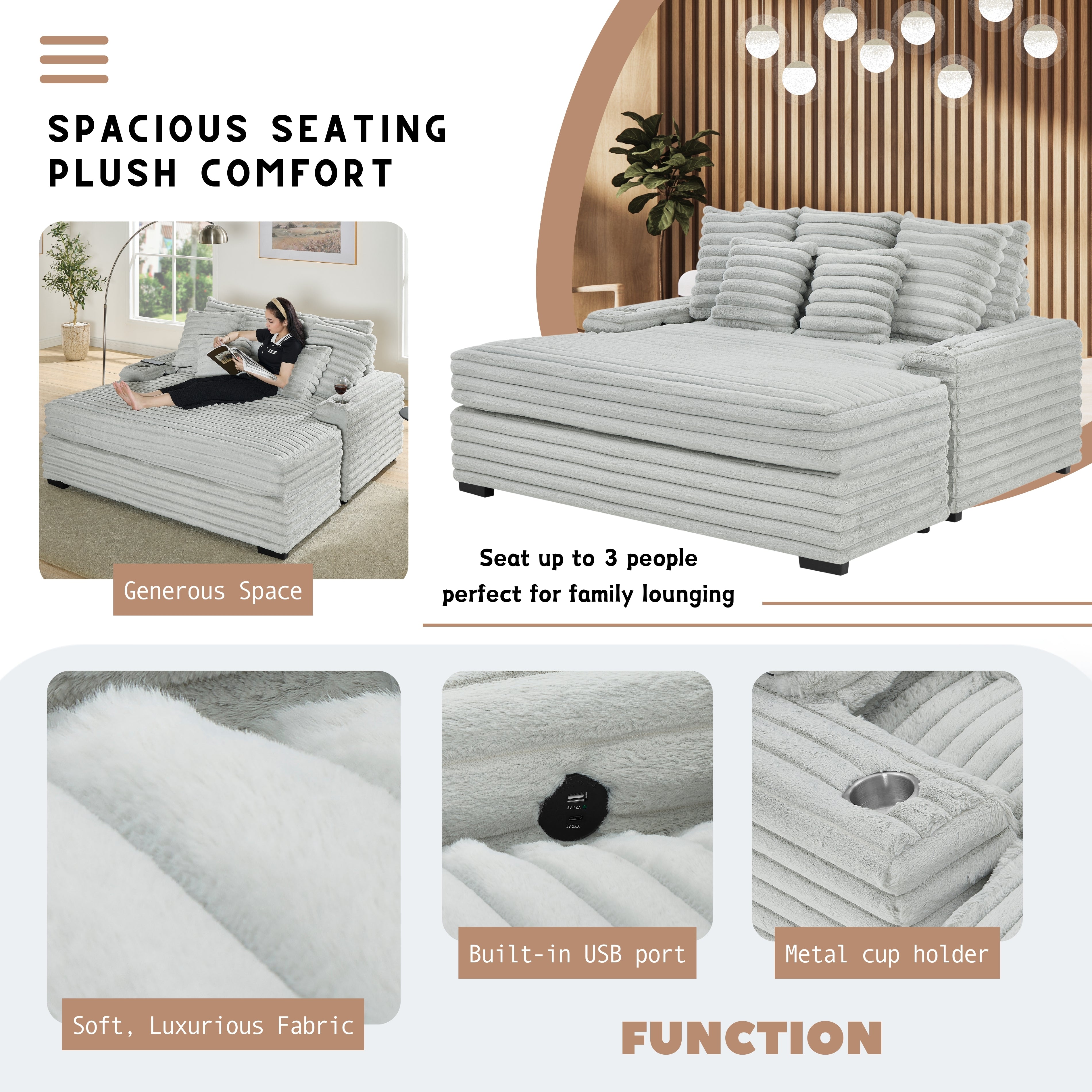 Roundhill Furniture Gaviella Plush Wide Wale Corduroy Oversized Multi-Functional Chaise Lounge - Comfortable Sofa Bed for Living Room, Bedroom & Home Theater Relaxation