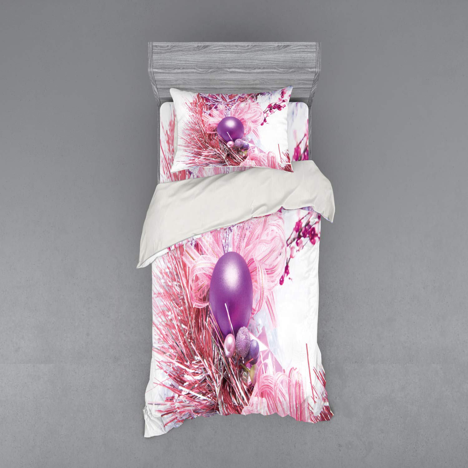 Ambesonne Christmas Duvet Cover Set - 3 Piece Bedding with Sham & Fitted Sheet, Twin Size, Pink & Purple Holiday Bells & Ribbon Bow Design - Perfect for Holiday Bedroom Decor, Christmas Gift & Winter Home Styling