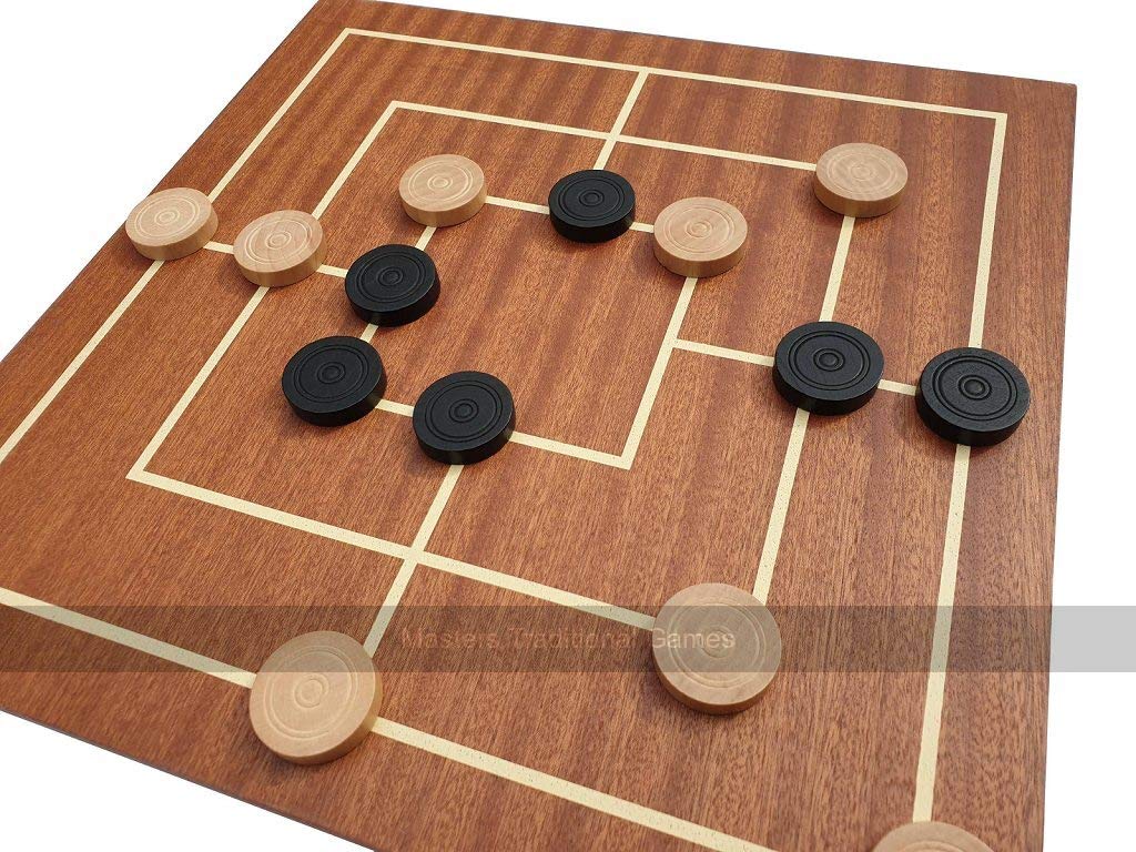 Nine Men's Morris Strategy Board Game - Handcrafted Dual-Sided Wooden Board with 18 Wooden Pieces - Perfect for Family Game Nights & Medieval-Themed Parties