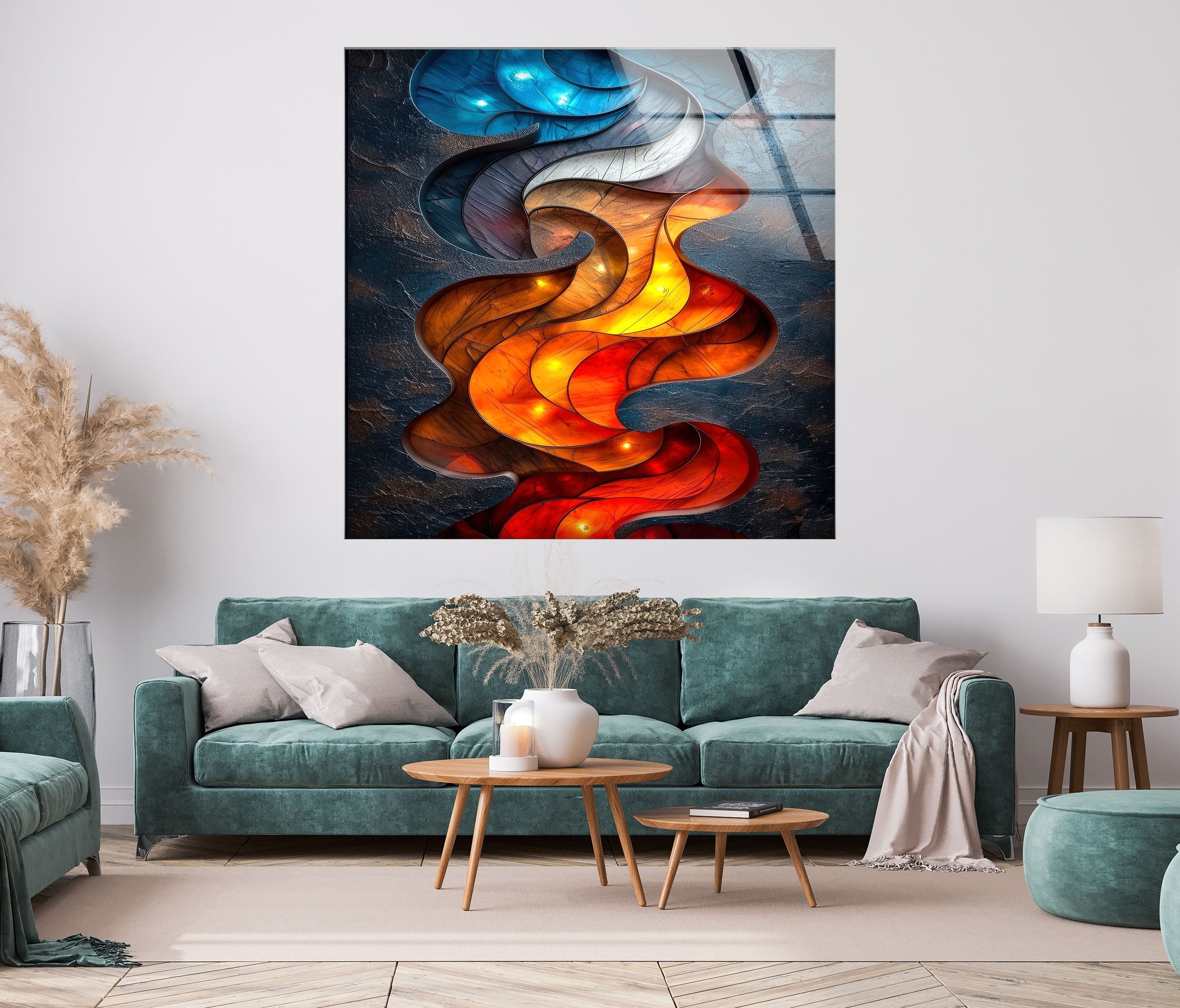 Blue & Red Design Glass Wall Art - Modern Handmade Decorative Panel for Living Room, Bedroom, or Office - Perfect for Home & Interior Decor