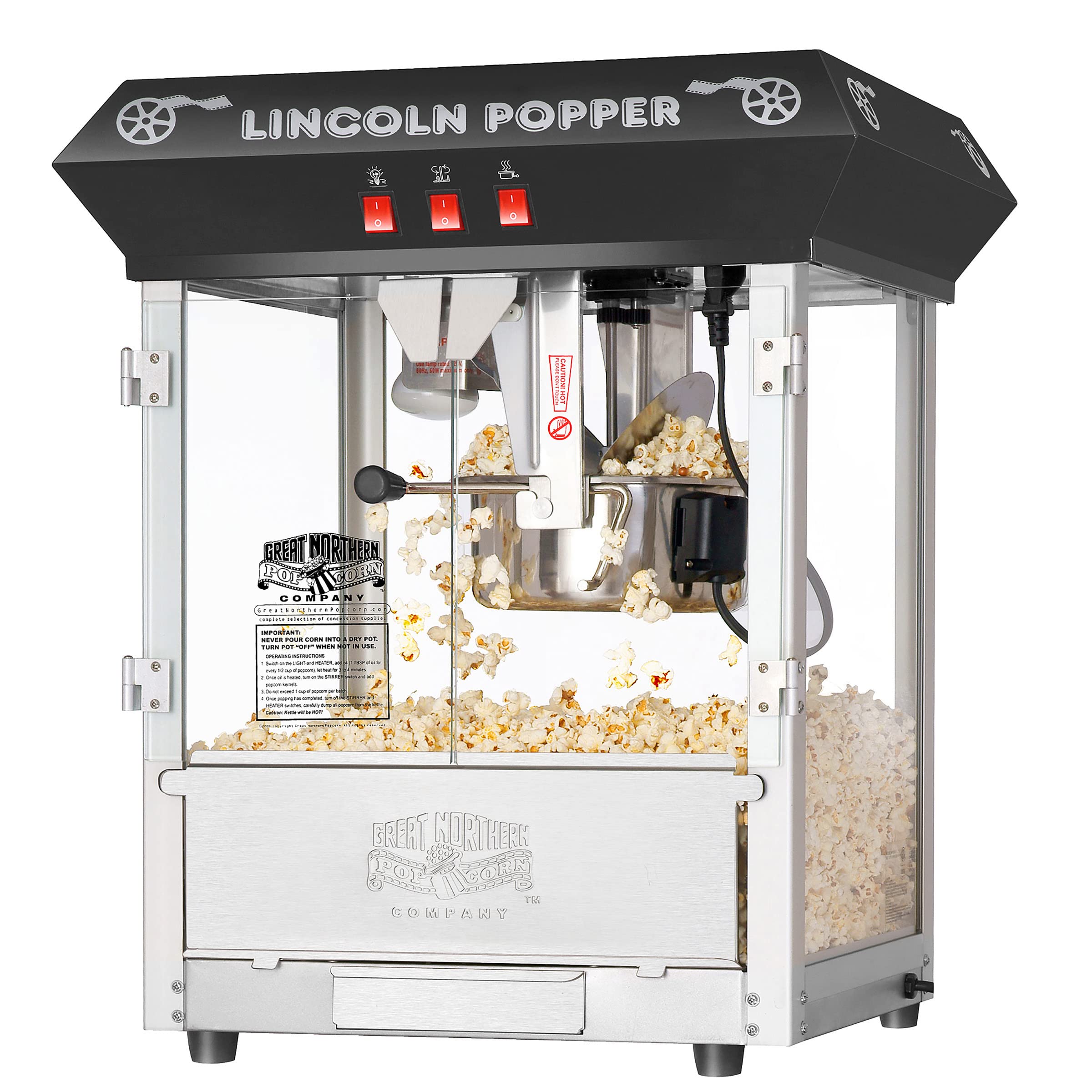 Lincoln 8 oz Black Countertop Popcorn Machine with Kettle - Perfect for Movie Nights, Parties, and Home Theater Snacks