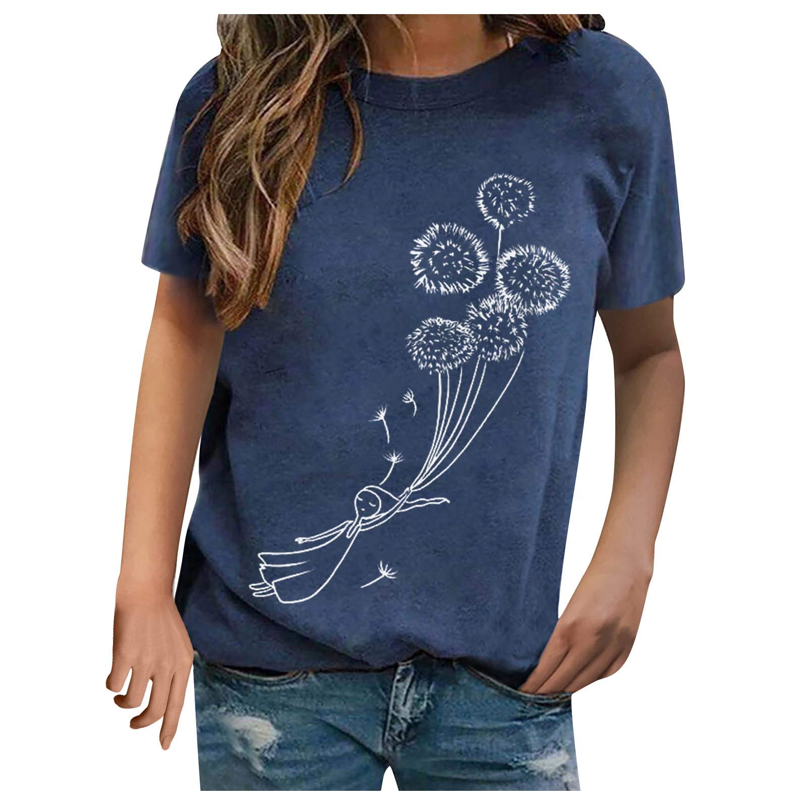 Women's Dandelion Print Crew Neck T-Shirt - Casual Basic Summer Tank Top for Workout & Everyday Wear | Soft Breathable Cotton Tee for Gym, Running, Yoga & Outdoor Activities