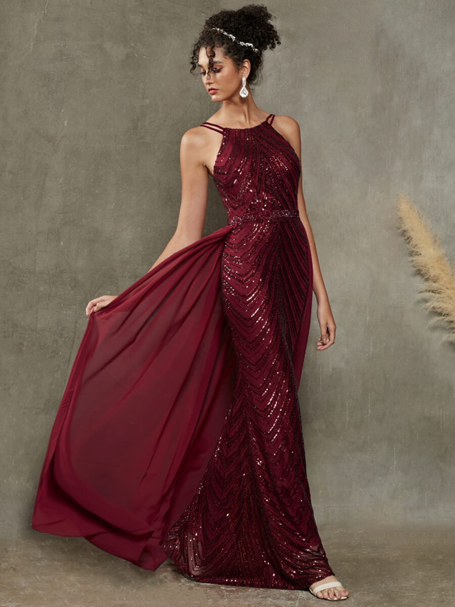 Elegant Burgundy Convertible Halter Sequin Floor Length Formal Evening Gown for Prom, Wedding & Special Occasions