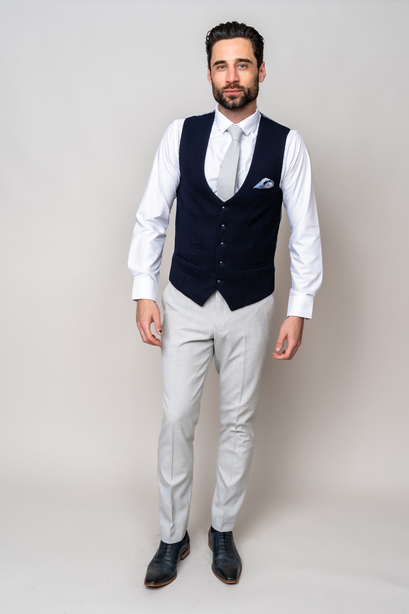 BROMLEY Men's Stone Check Suit with Kelvin Navy Waistcoat | Formal Business Attire | Perfect for Weddings, Office & Special Occasions