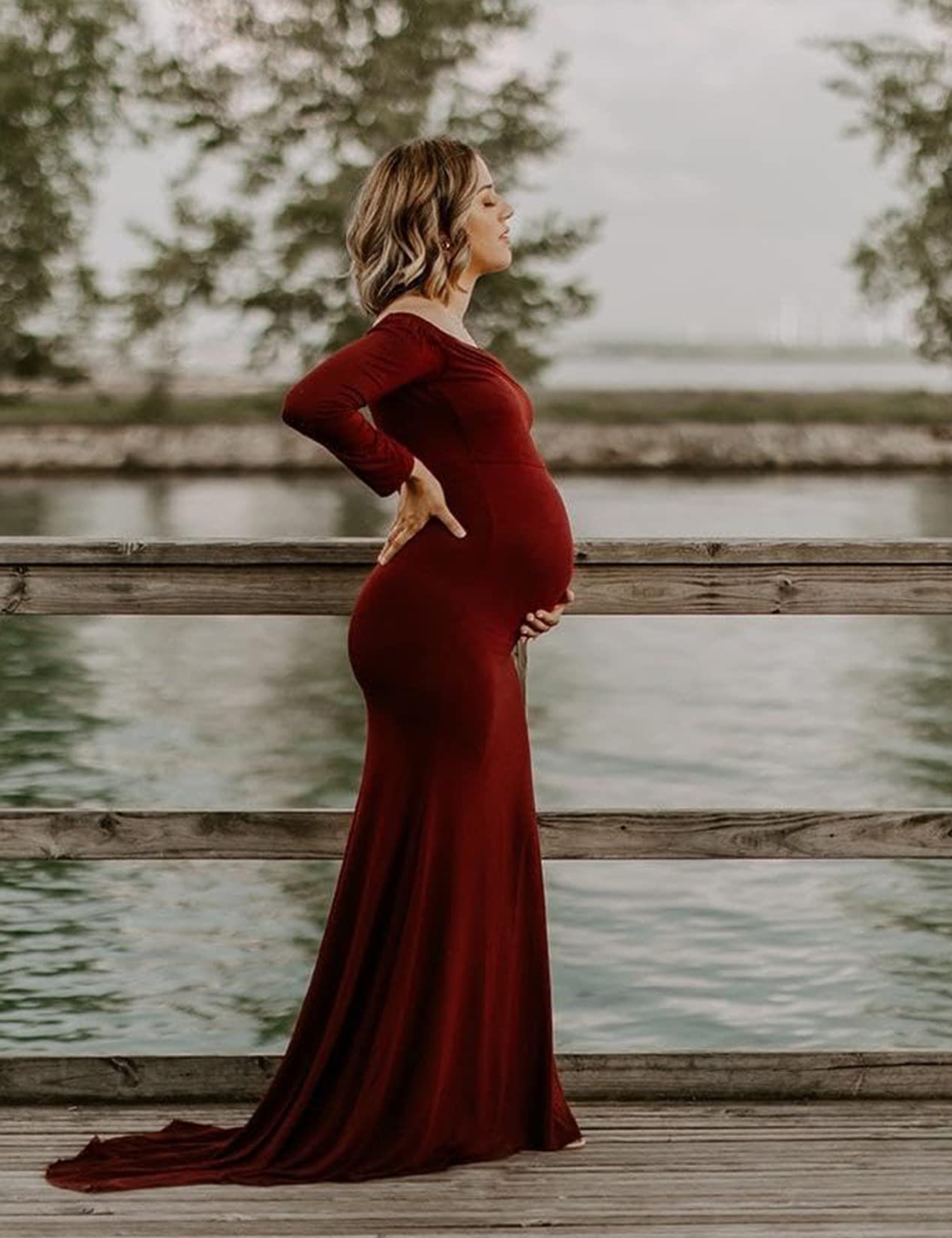 Saslax Elegant Fitted Maternity Gown - Long Sleeve Slim Fit Maxi Dress for Pregnancy Photoshoot, Baby Shower & Special Occasions