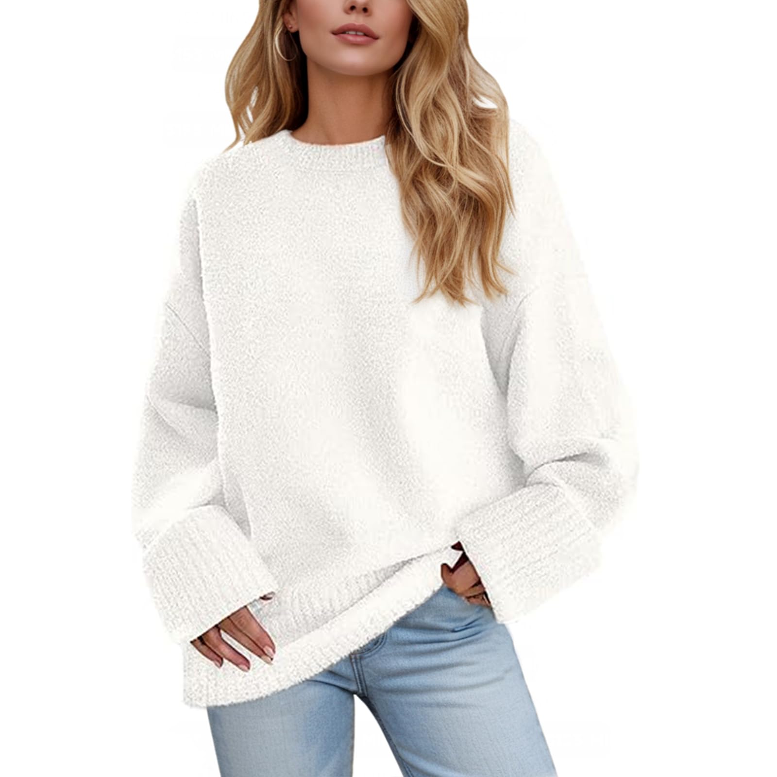 Women's Fuzzy Knit Crewneck Long Sleeve Sweater - Warm Winter Pullover Top for Fall 2025 | Cozy Casual Wear for Office, Dating & Weekend Outfits