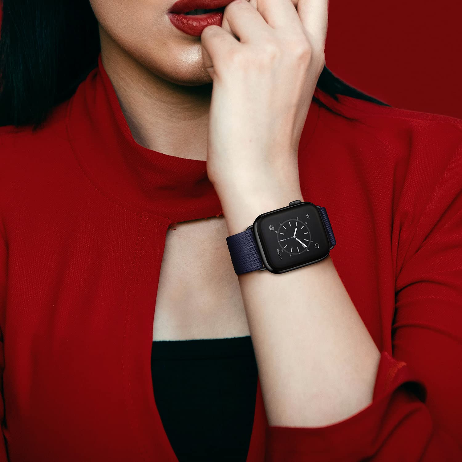OXWALLEN Metal Connector Stretch Nylon Solo Loop Band for Apple Watch Series 9/8/7/6/5/4/3 SE Ultra 2/1 (49mm/45mm/44mm/42mm) - Adjustable Elastic Strap with Stainless Steel Adapter in Midnight Blue | Perfect for Workouts, Running & Everyday Wear