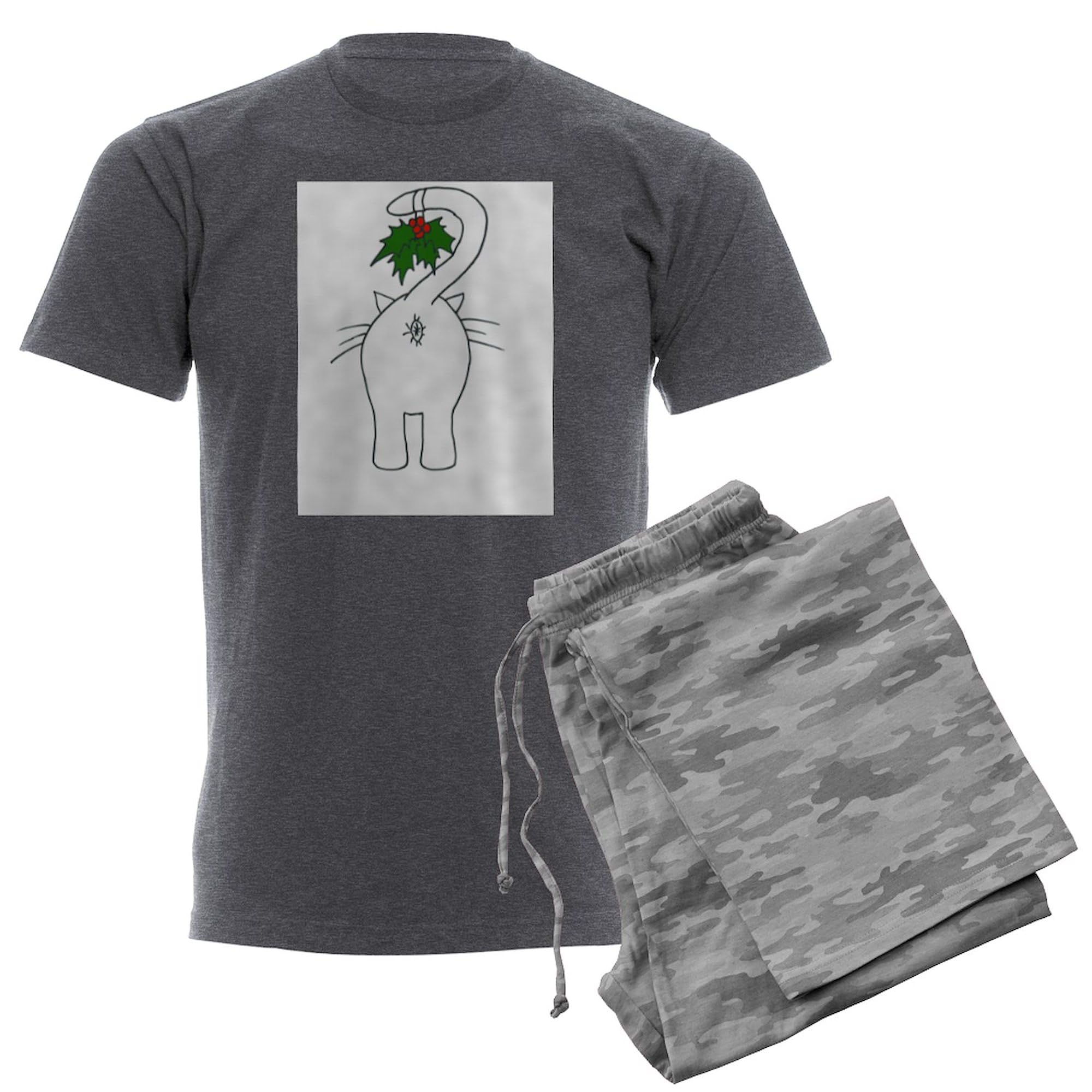 Men's Cat Themed 'Season's Greetings' Pajama Set - Soft Charcoal Gray Sleepwear for Cat Lovers | Perfect for Christmas Gifts, Cozy Nights & Holiday Family Photos