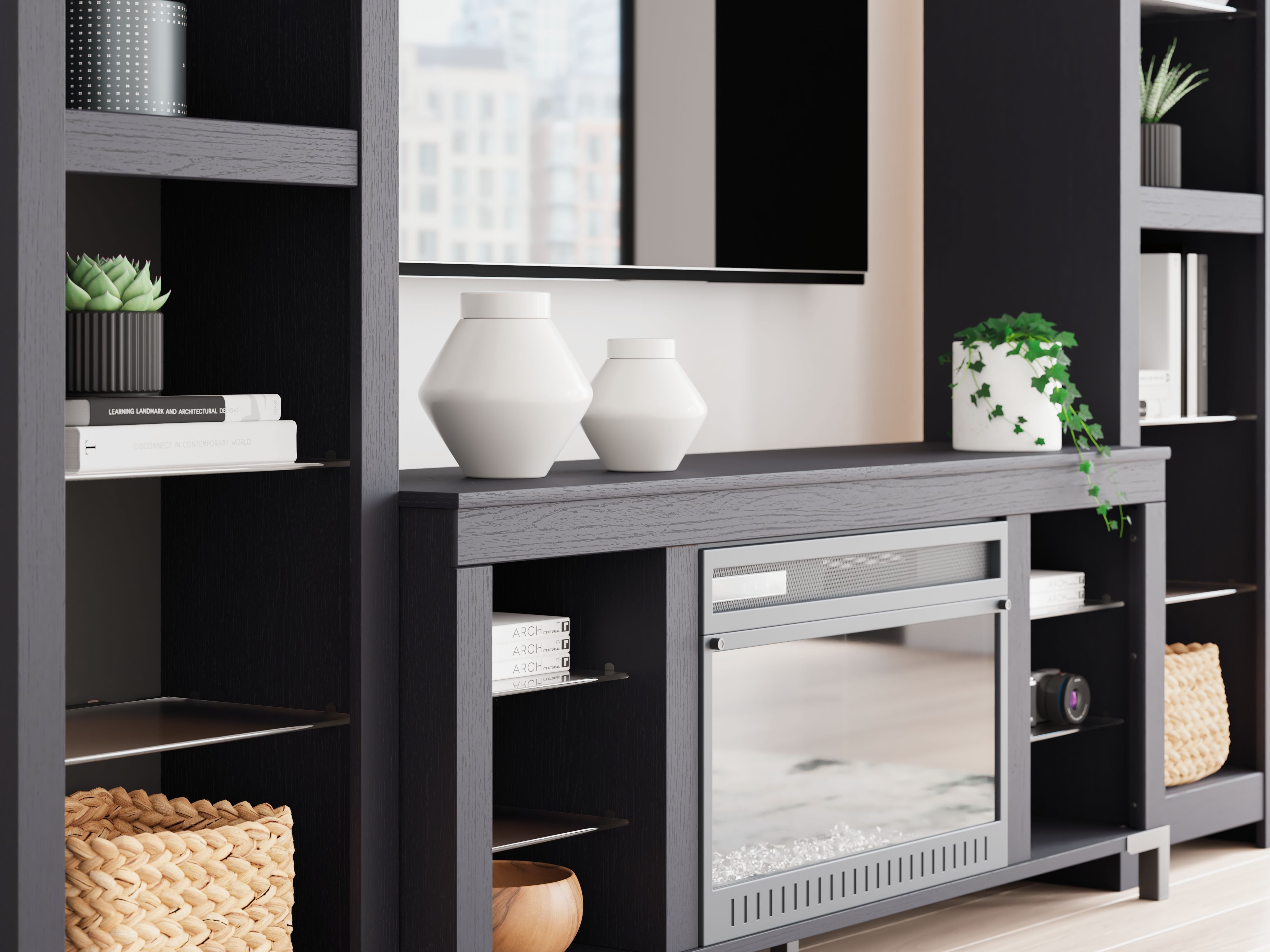 Cayberry Black 3-Piece Entertainment Center with Electric Fireplace - Modern TV Stand with Storage for Living Room, Bedroom & Home Theater