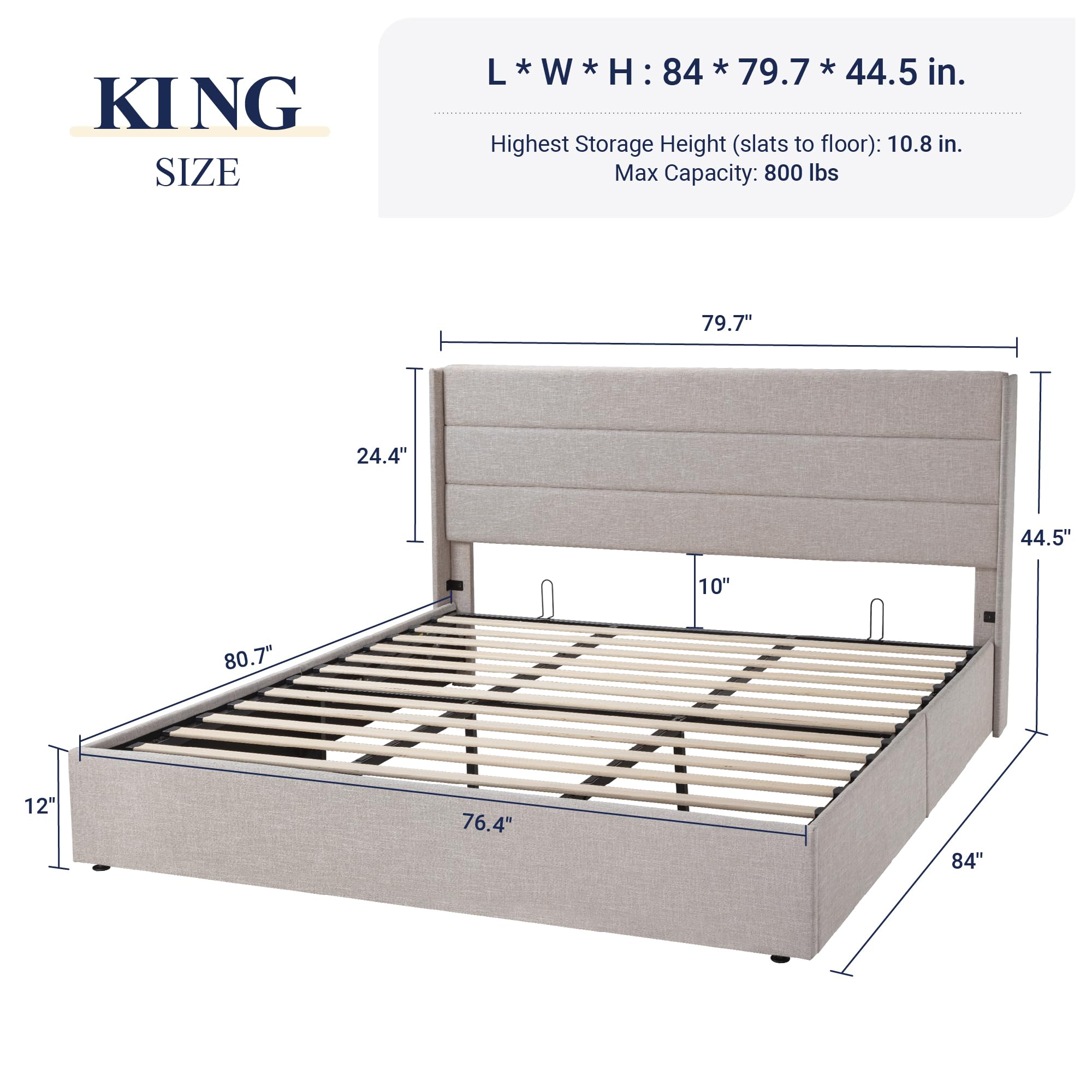 Allewie King Size Lift Up Storage Bed with Modern Wingback Headboard - Hydraulic Support, No Box Spring Needed, Light Beige - Perfect for Small Spaces & Bedroom Organization