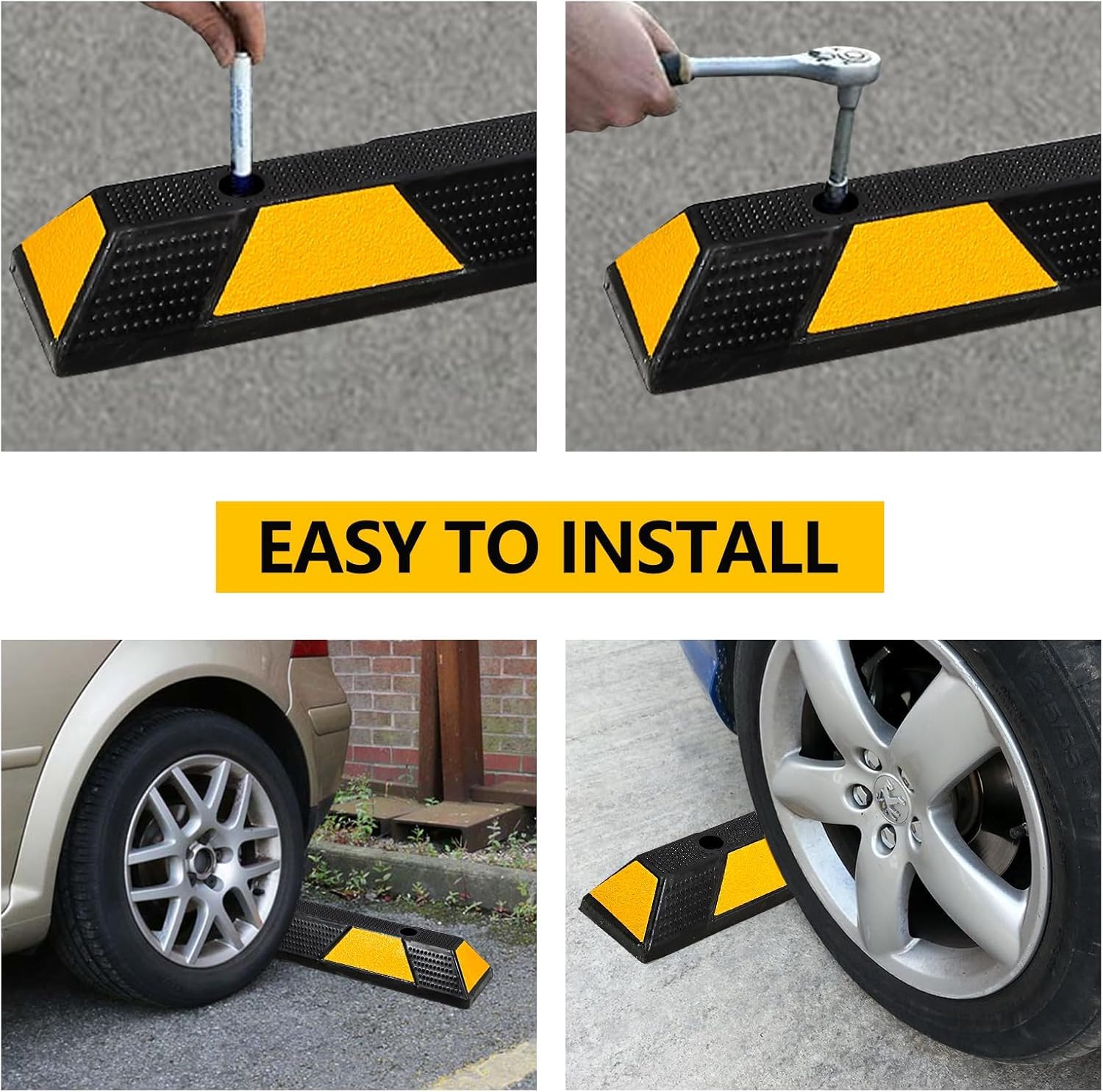 GARVEE 2 Pack Heavy Duty Rubber Parking Curb - 72 Inch Garage Floor Stopper with Reflective Yellow Stripes for Vehicles, Trucks & Driveways - Perfect for Parking Lots, Warehouses & Commercial Properties