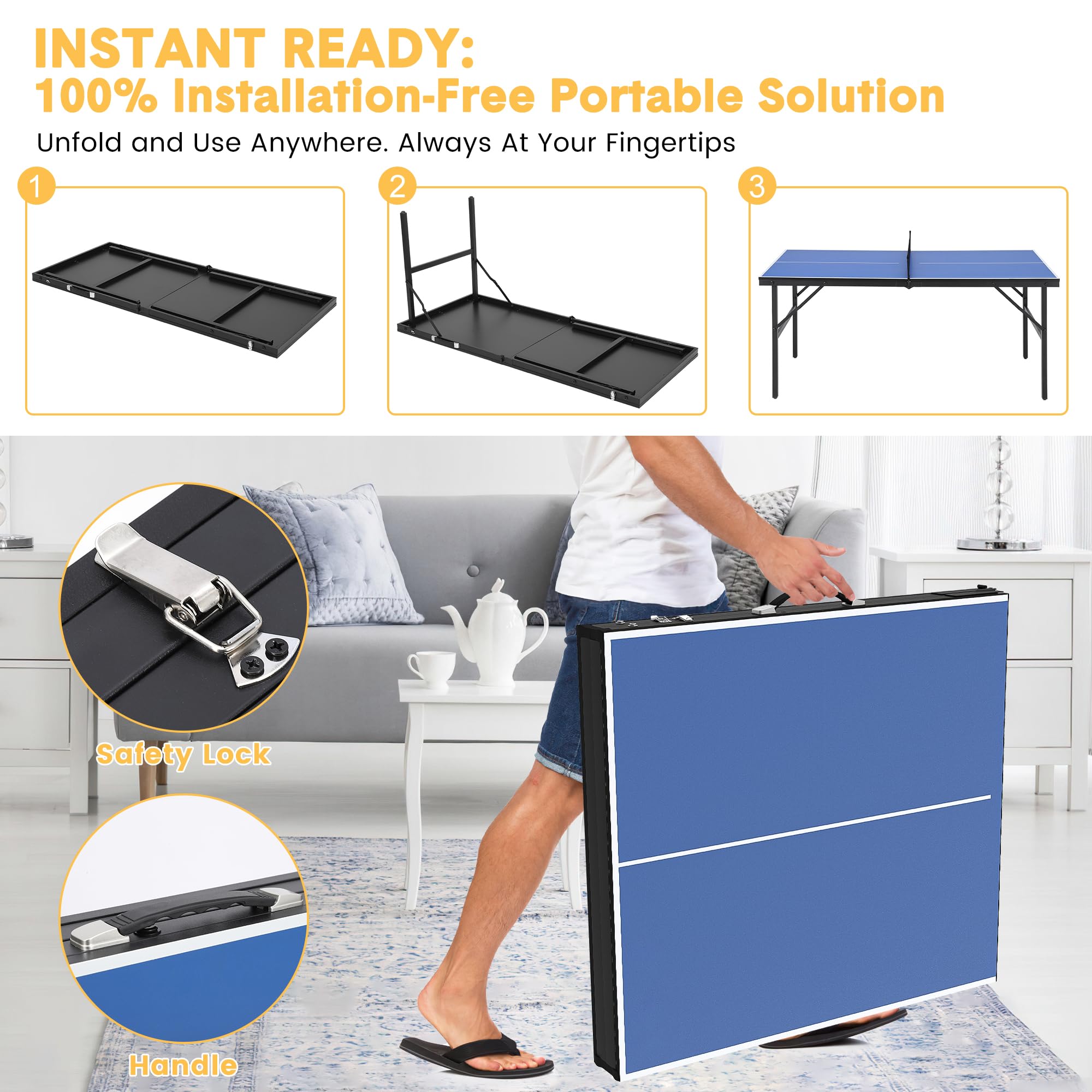 GAOMON Foldable Table Tennis Table - Portable Indoor & Outdoor Ping Pong Table Set with 2 Paddles & 3 Balls - Quick 5-Minute Assembly (60